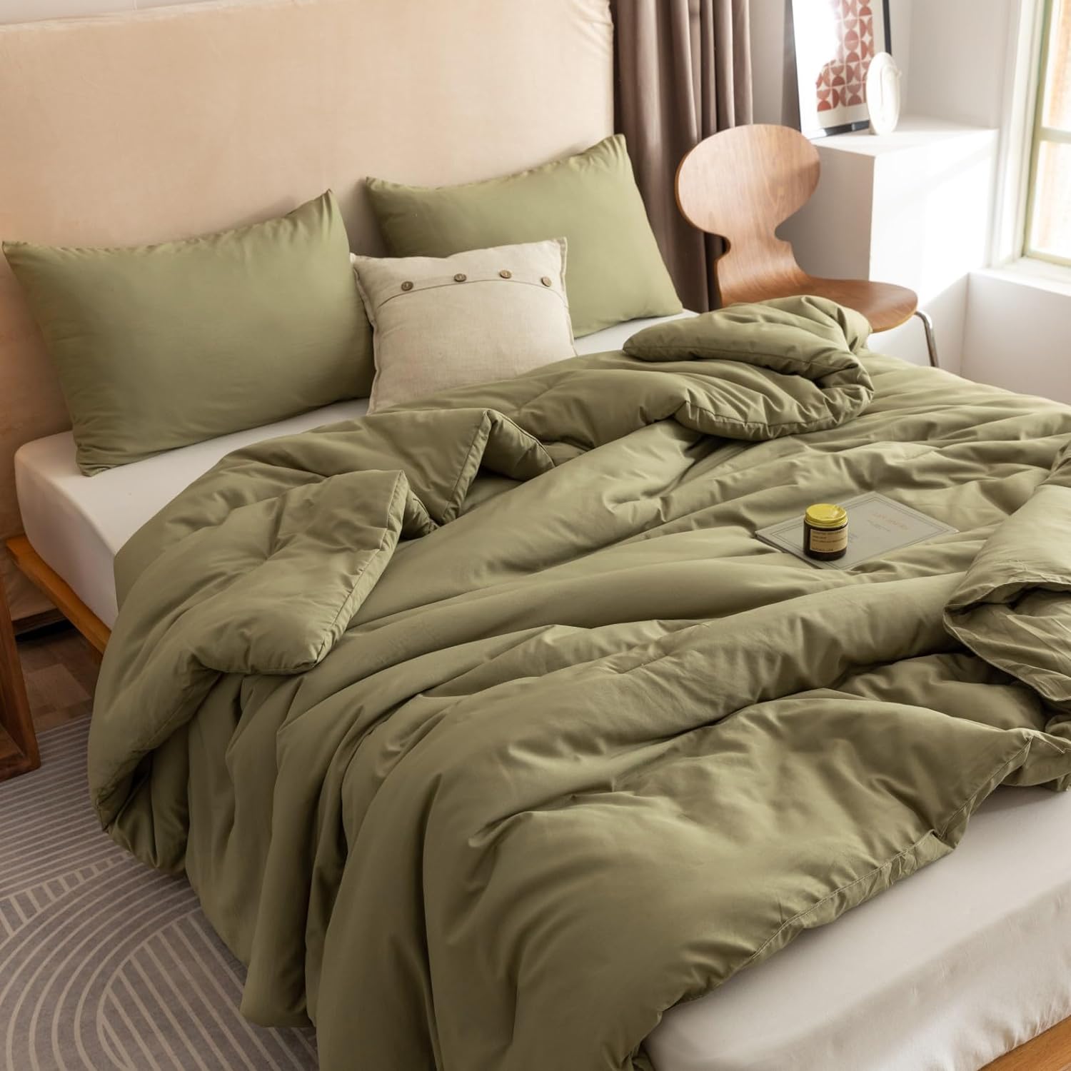 ROSGONIA King Size Comforter Set Olive Green, 3pcs (1 Boho Comforter & 2 Pillowcases), Lightweight Bedding Blanket All Season Bedspreads Quilt