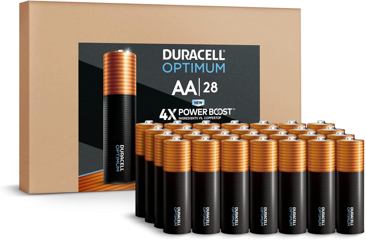 Duracell Optimum AA Batteries, 28 Count Pack Double A Battery with Power Boost Ingredients, Long-lasting Power Alkaline AA Battery for Household Devices (Ecommerce Packaging)