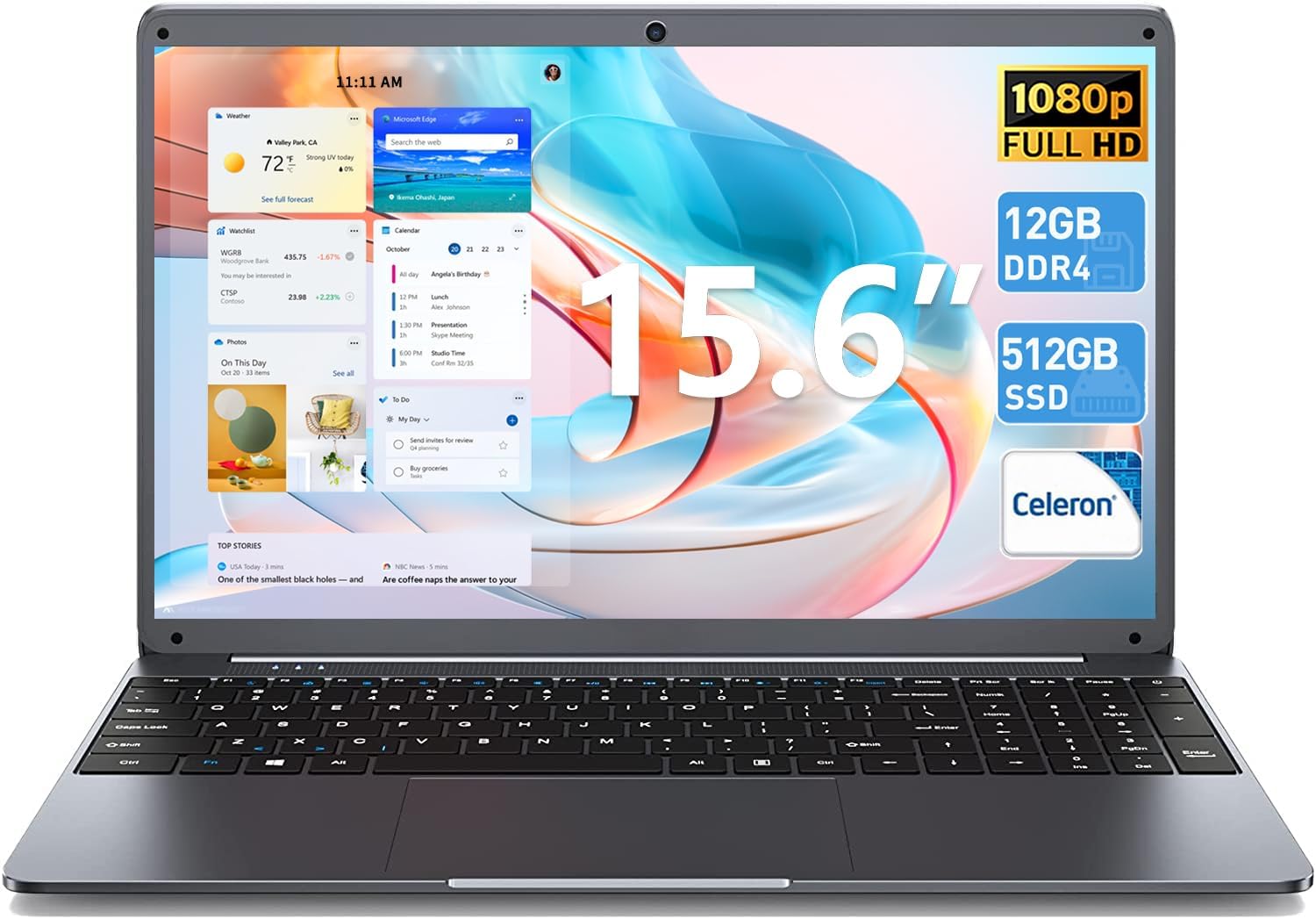 15.6 Inch Laptop 12GB DDR4 512GB SSD Laptop Computers, FHD 1920X1080 Screen, High Performance Quad-Core Celeron N5095 CPU, Type-C, Mini HDMI, 2.4G/5G WiFi, Bluetooth 4.2, Webcam, (Gray)