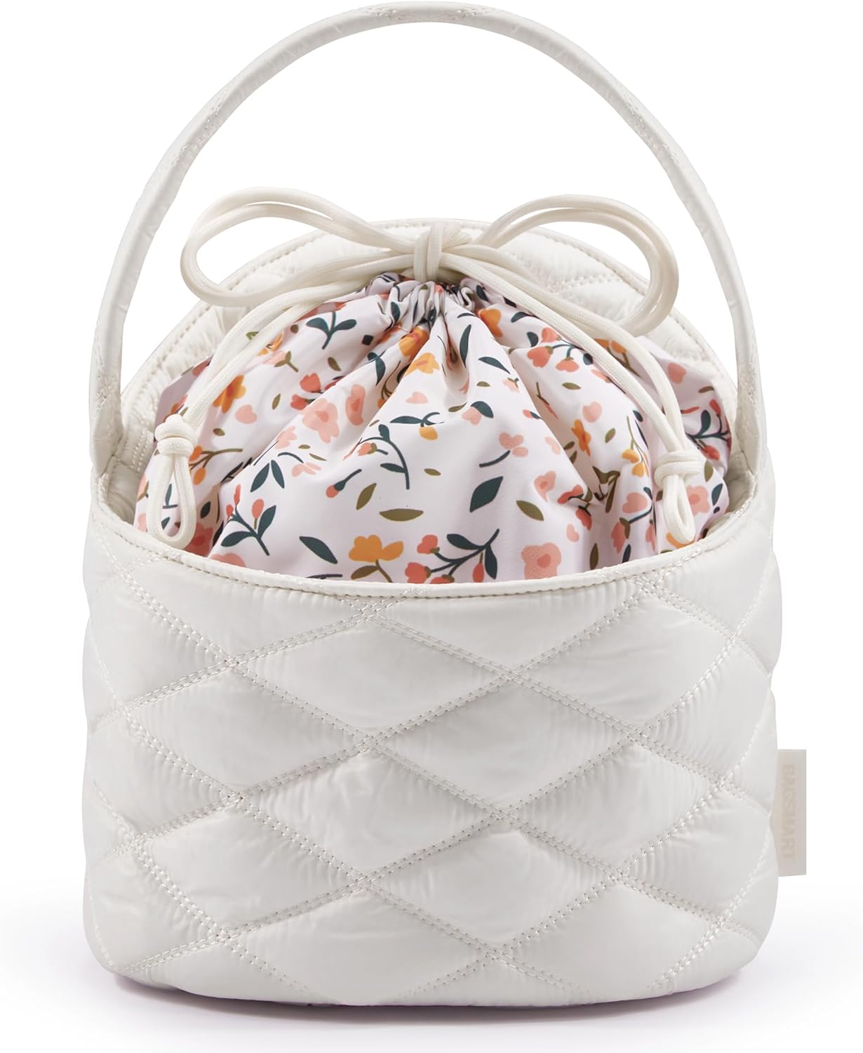 BAGSMART Barrel Drawstring Makeup Bag, Travel Toiletry Bag, Large Cosmetic Bag, Portable Make Up Bags for Women Toiletries Accessories Brush, Beige