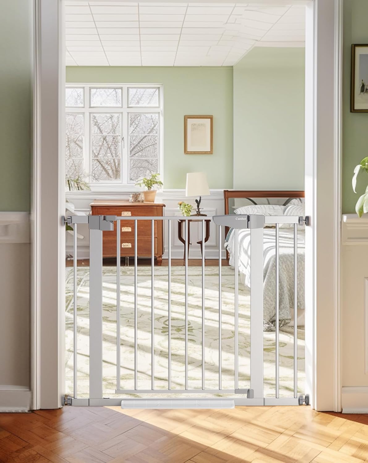 Cumbor 29.7-40.6″ Baby Gate for Stairs, Mom’s Choice Awards Winner-Dog Gate for Doorways, Pressure Mounted Self Closing Pet Gates for Dogs Indoor, Safety Child Gate with Easy Walk Thru Door, Silver