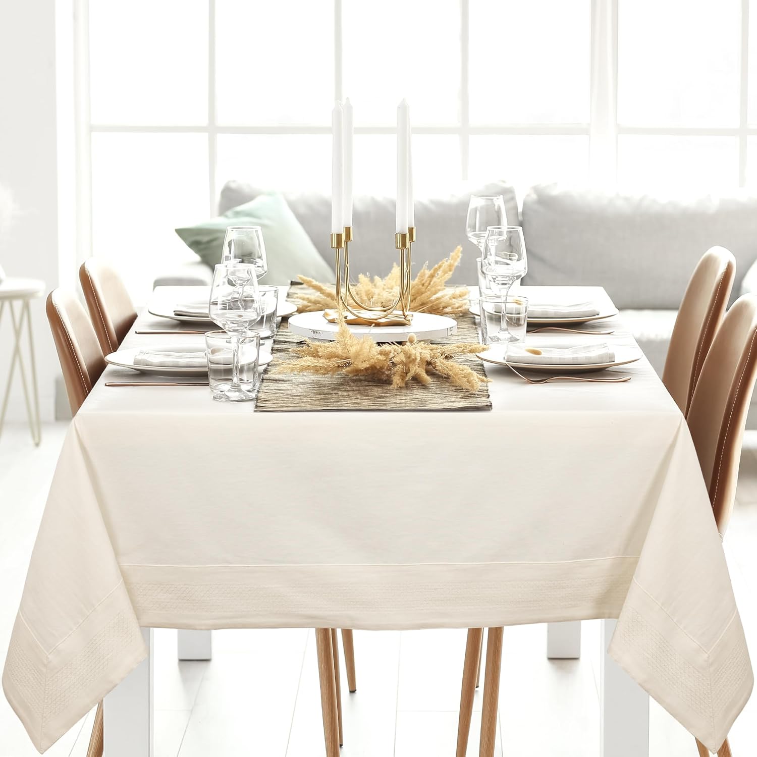 Caitline’s Elegant Table Cloths for Rectangle Tables| Blend of Cotton Tablecloths for Kitchen & Dining| Seven-Foot Table Covers for Dining Room| Cream Color Table Cloth| 63 x 86 Inch| Seats 6 People