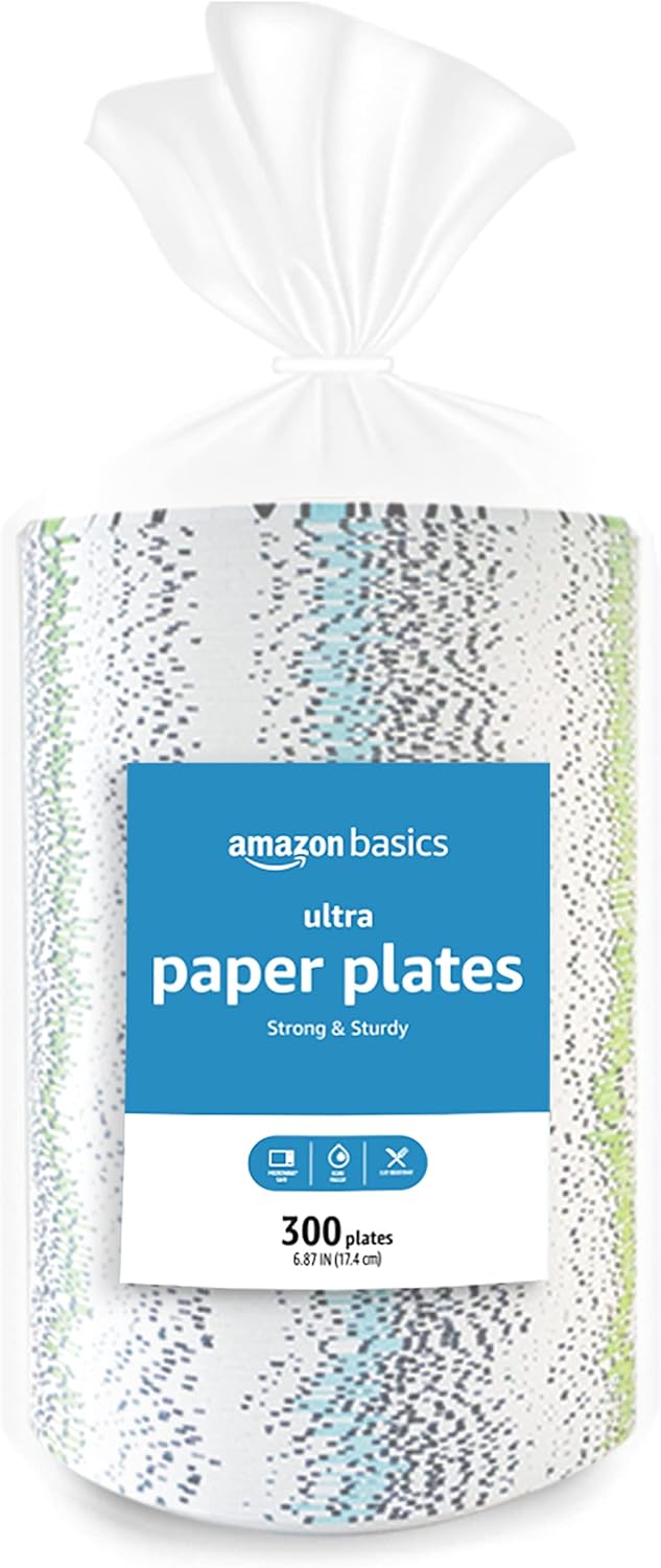 Amazon Basics Ultra Paper Plates, 6.87 Inch, Disposable, 600 Count (2 Pack of 300) (Previously Encore)