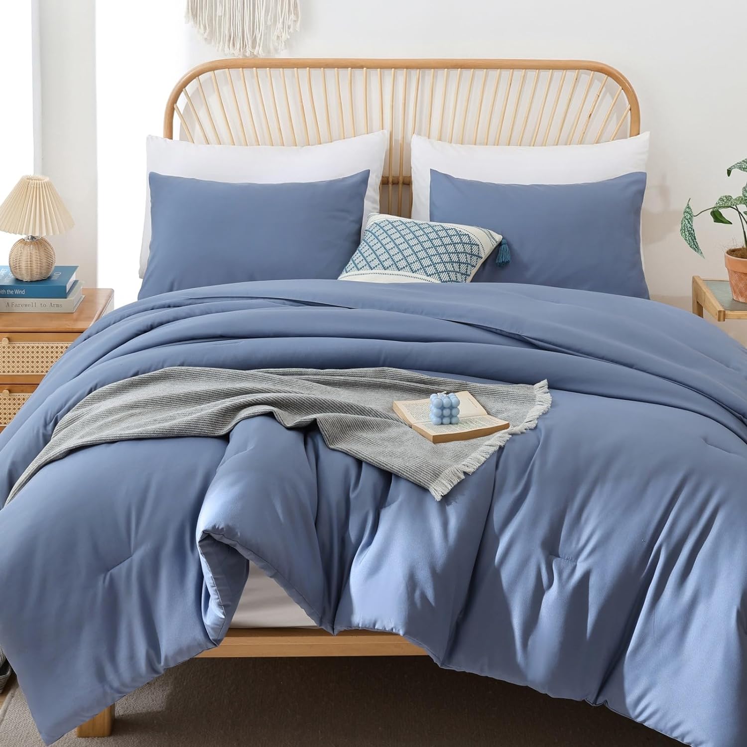ROSGONIA Queen Comforter Set Slate Blue, 3pcs Queen Size Comforter(1 Boho Blue Comforter & 2 Pillowcases) All Season Lightweight Bedding Blanket Quilt