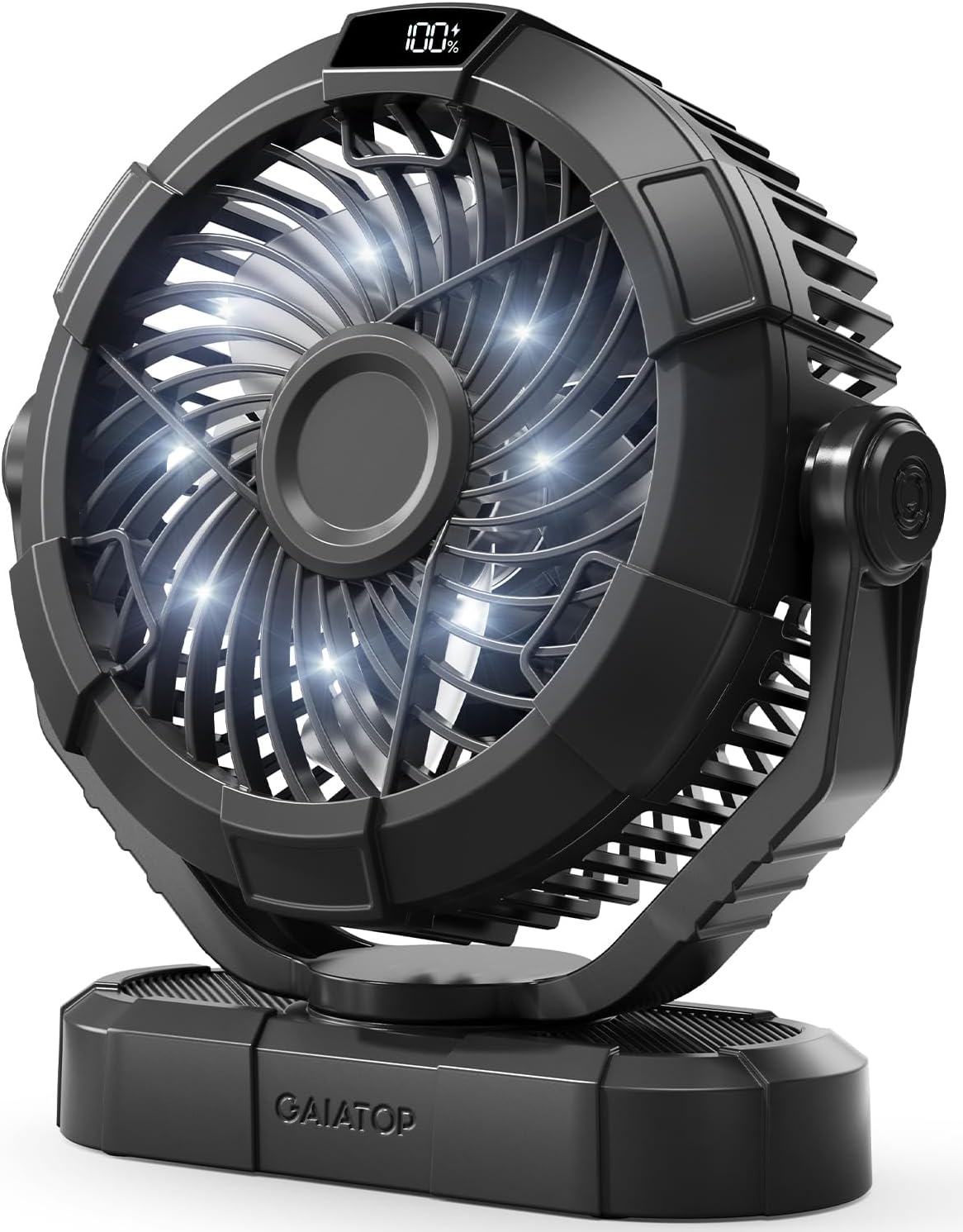Gaiatop Portable Camping Fan with LED Lantern, 4000mAh 8-Inch Rechargeable Outdoor Tent Fan, 360° Head Rotation, 3 Speed and Quiet Battery Operated USB Desk Fan for Indoor Outdoor Travel Black