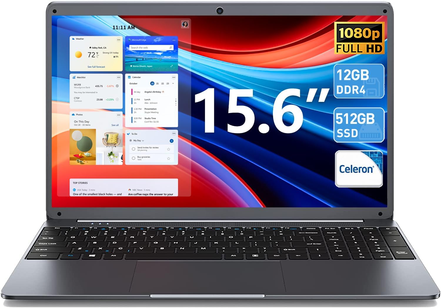 SGIN Laptop Computer, 15.6 inch, with Celeron N5095 Processor(Up to 2.9GHz), FHD 1920×1080 Display, 12GB DDR4 512GB SSD, Bluetooth 4.2, USB 3.0, WiFi(Gray)