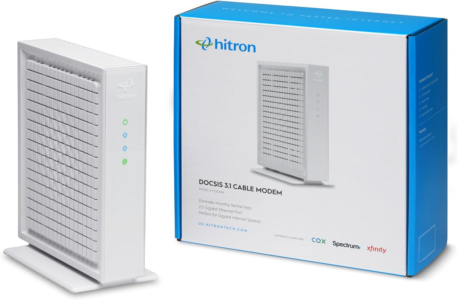 Hitron CODA56 Multi-Gigabit DOCSIS 3.1 Modem | 2.5 Gbps Max Internet Speeds | Certified with Xfinity, Charter Spectrum, Cox & More | 10x Faster Than DOCSIS 3.0 | 2.5 Gbps Ethernet Cable Modem