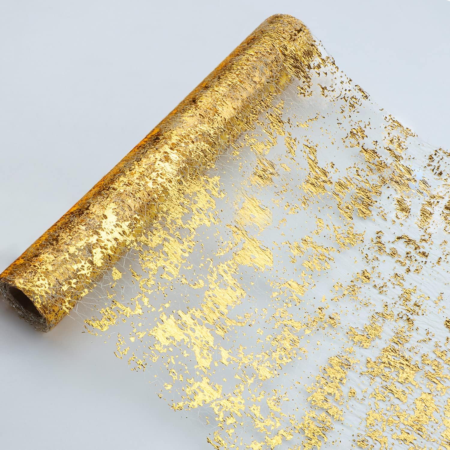 Snowkingdom Glitter Metallic Gold Table Runner 11 Inch x 49 Feet Thin Mesh Sparkle Table Runner Roll Table Decorations for Wedding Bridal Shower, Baby Shower, Birthday Party （1PC）