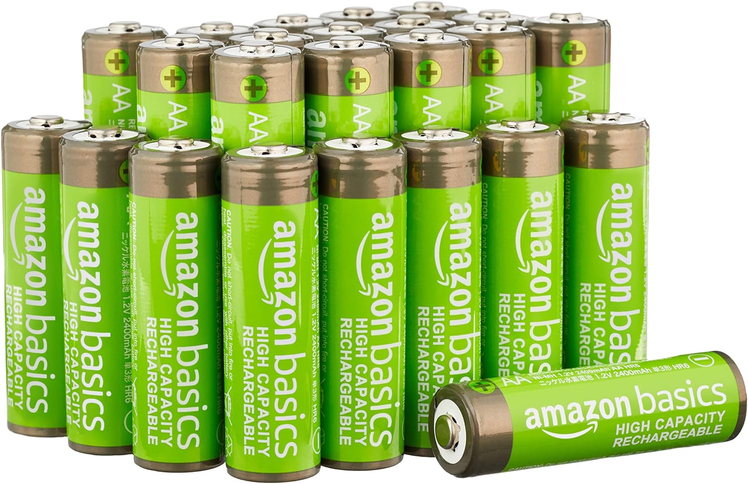 Amazon Basics 24-Pack Rechargeable AA NiMH High-Capacity Batteries, 2400 mAh, Recharge up to 400x Times, Pre-Charged