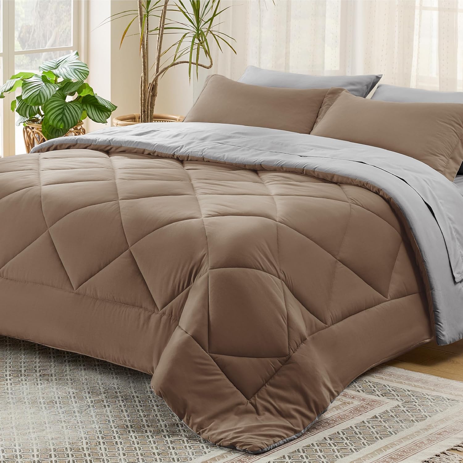 Bedsure Brown Queen Comforter Set – 7 Pieces Reversible Queen Bed in a Bag, Queen Bed Set Brown and Grey with Comforters, Sheets, Pillowcases & Shams