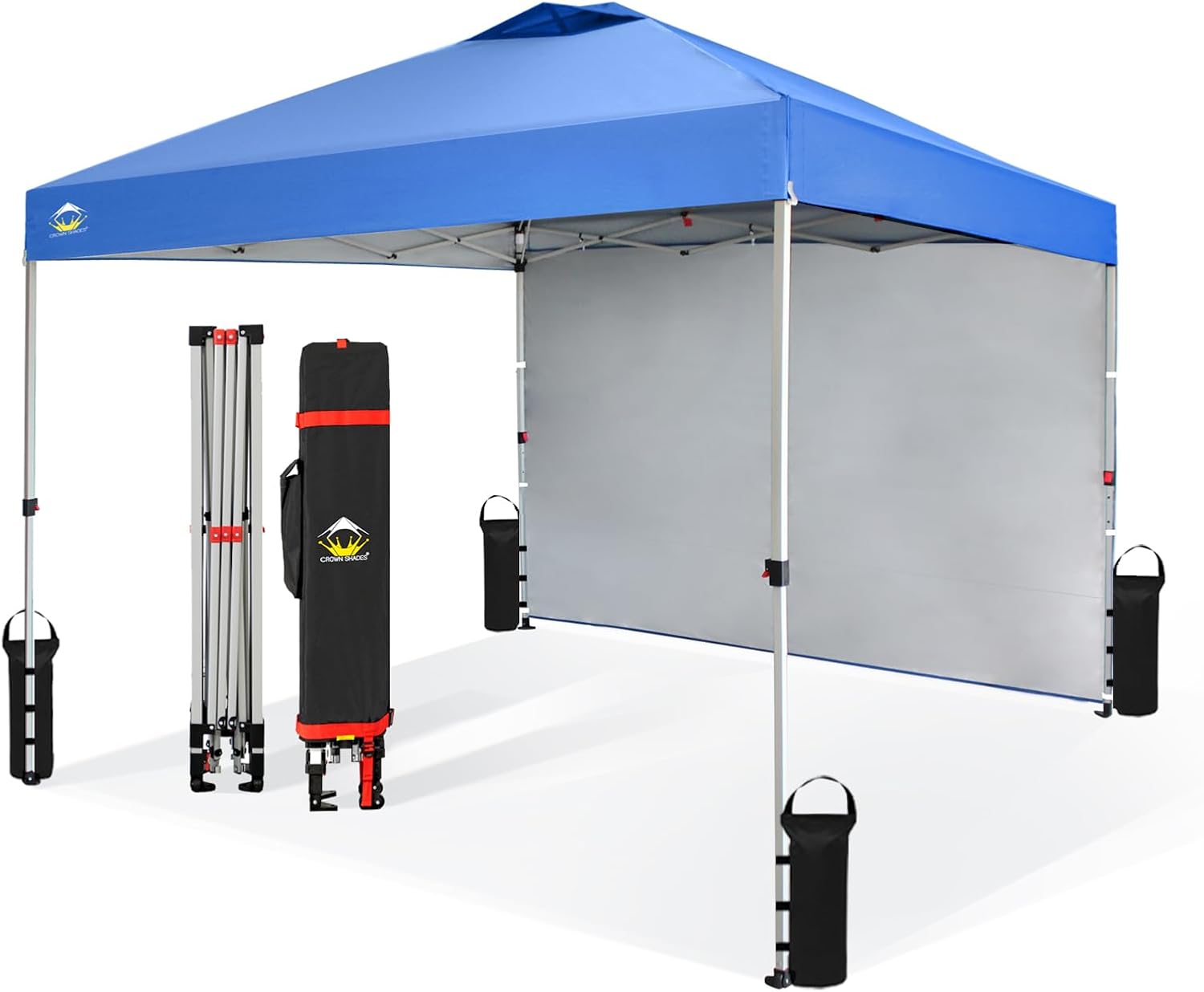 CROWN SHADES 10×10 Pop Up Canopy with 1 Side Wall – Beach Tent with One Push Setup – Outdoor Sun Shade for Events, Parties, Camping – Gazebo with STO-N-Go Cover Bag (Blue)