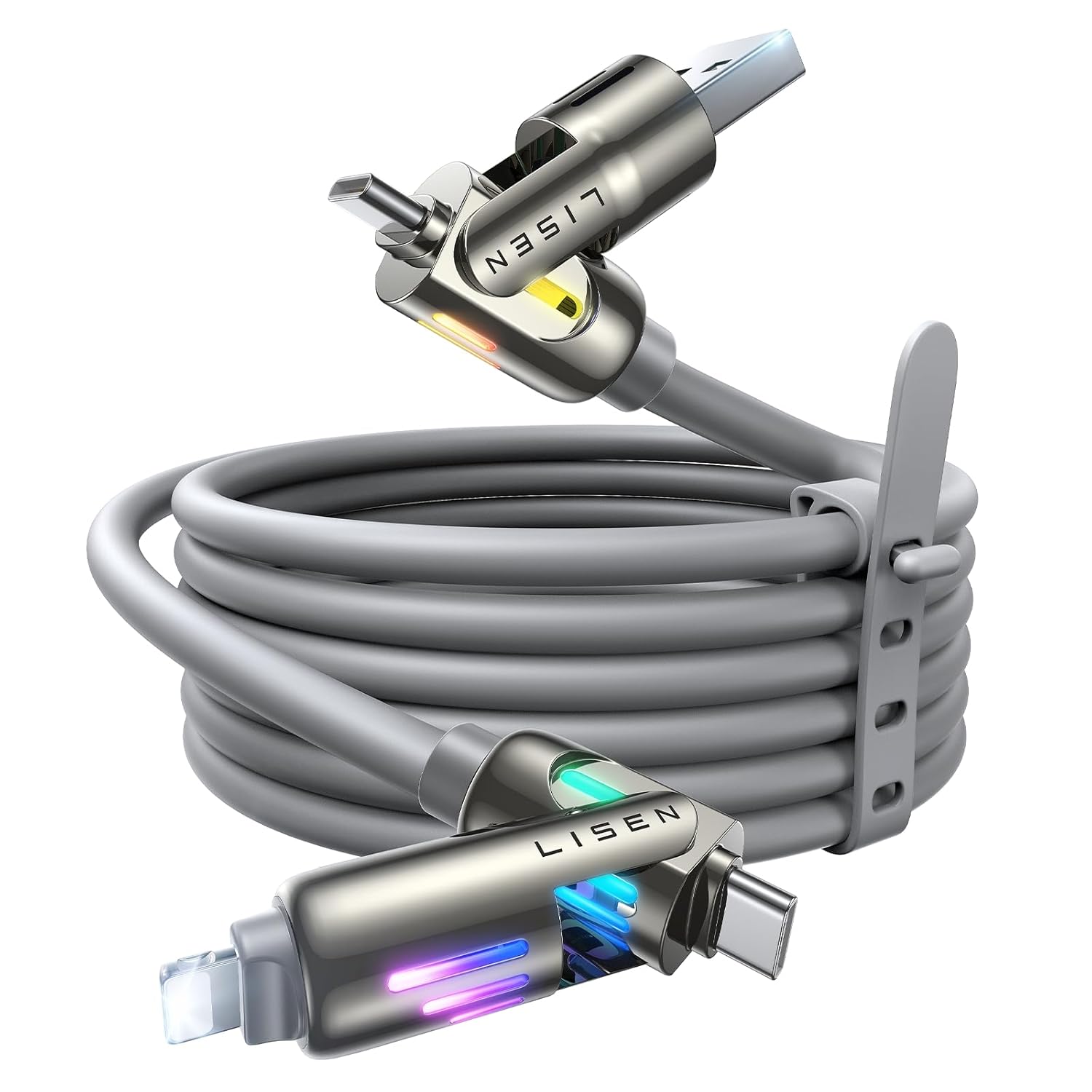 LISEN 240W Chubby Cable, 4 in 1 USB Charging Cable (6.6FT) with Breathing Light, USB A/C to C/L Multi Charging Cable for iPhone 16 15 Pro Max MacBook, iPad Pro Air, SamSungS24, iPhone 14 13 12