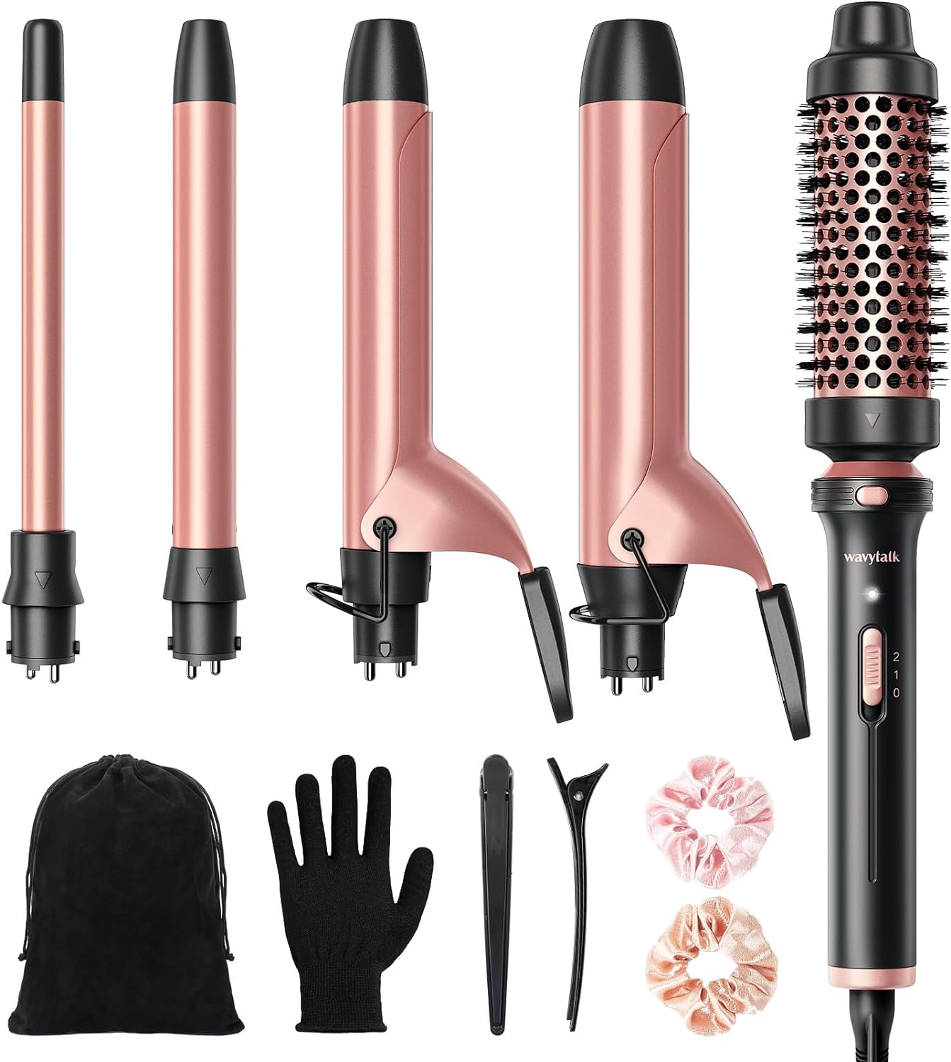 Wavytalk 5 in 1 Curling Iron,Curling Iron Set with Heated Round Brush and 4 Interchangeable Ceramic Curling Wand(0.5”-1.25″), Instant Heat Up,Dual Voltage Hair Curler