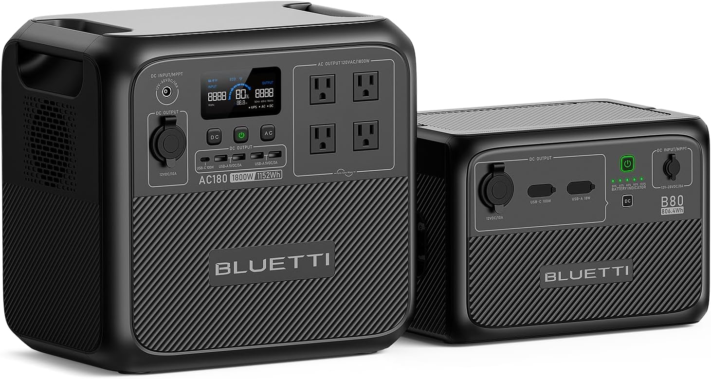 BLUETTI Portable Power Station AC180 and B80 External Battery Module, Expand to 1958Wh LiFePO4 Battery Backup w/ 4 1800W AC Outlets, Solar Generator for Camping, Off-grid, Power Outage