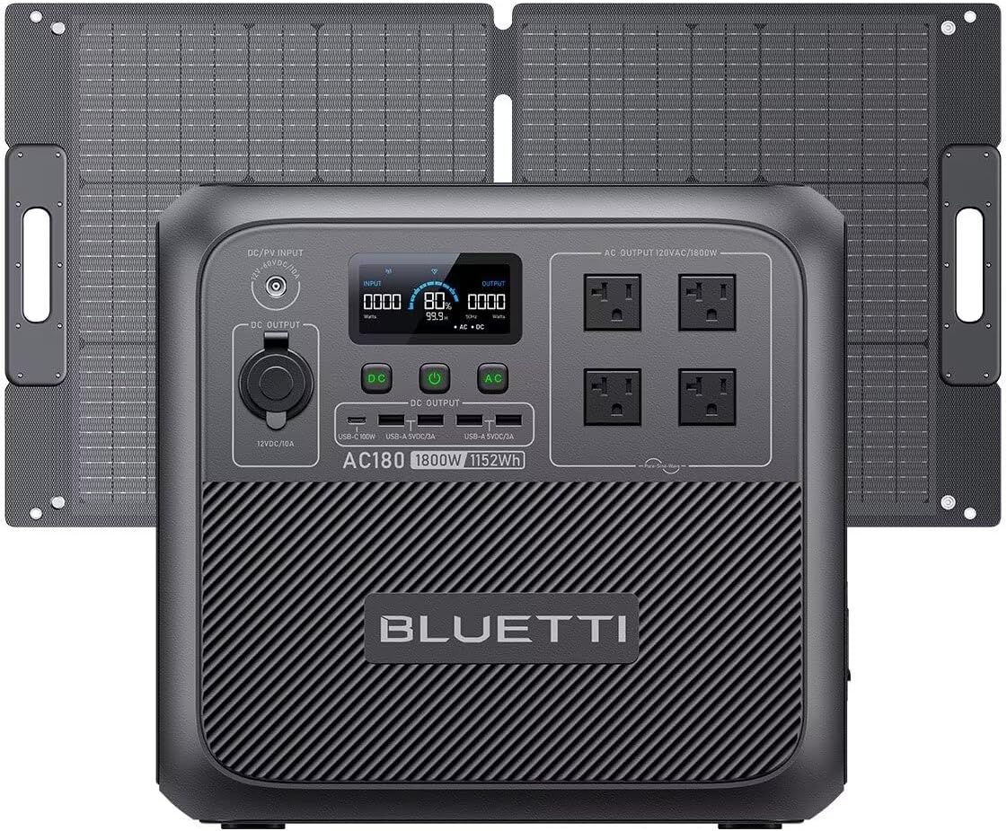 BLUETTI Solar Generator AC180 with 100W Solar Panel Included, 1152Wh Portable Power Station w/ 4 1800W (2700W Surge) AC Outlets, LiFePO4 Emergency Power for Camping, Off-grid, Power Outage