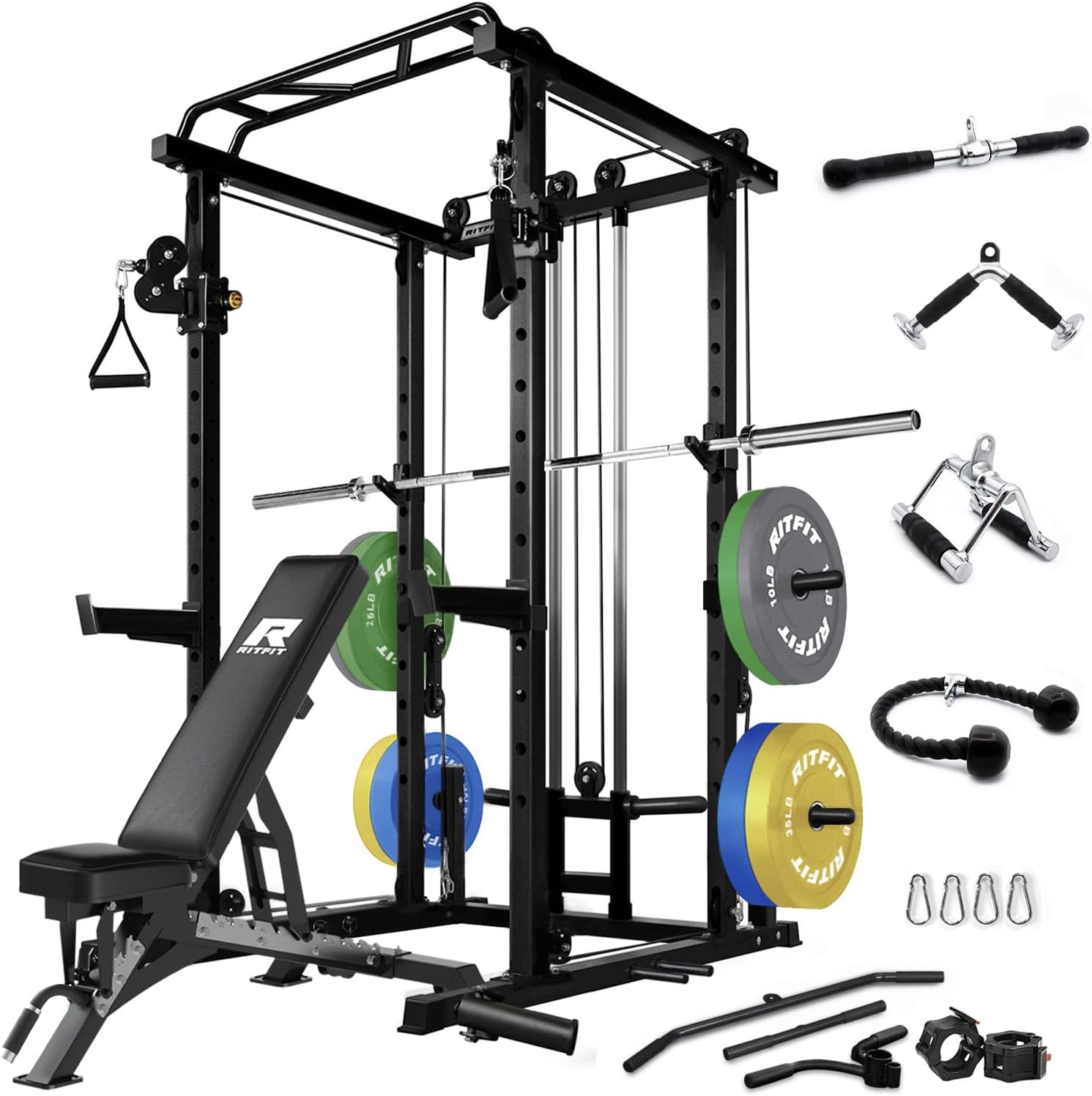 RitFit Multi-Function Squat Rack Power Cage PPC03 with Cable Crossover System, 1000LBS Capacity Power Rack and Packages with Optional Weight Bench, Barbell Weight Set, for Garage Workout & Home Gym