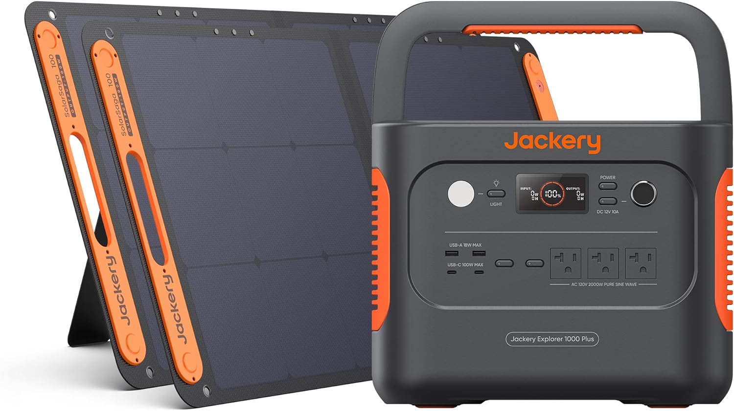 Jackery 1000 Plus Solar Generator, 1264Wh Portable Power Station with 2xSolarSaga 100W Solar Panels, 2000W Output Expandable Home Backup Power for Off-grid Living, Outdoor Camping and Exploration