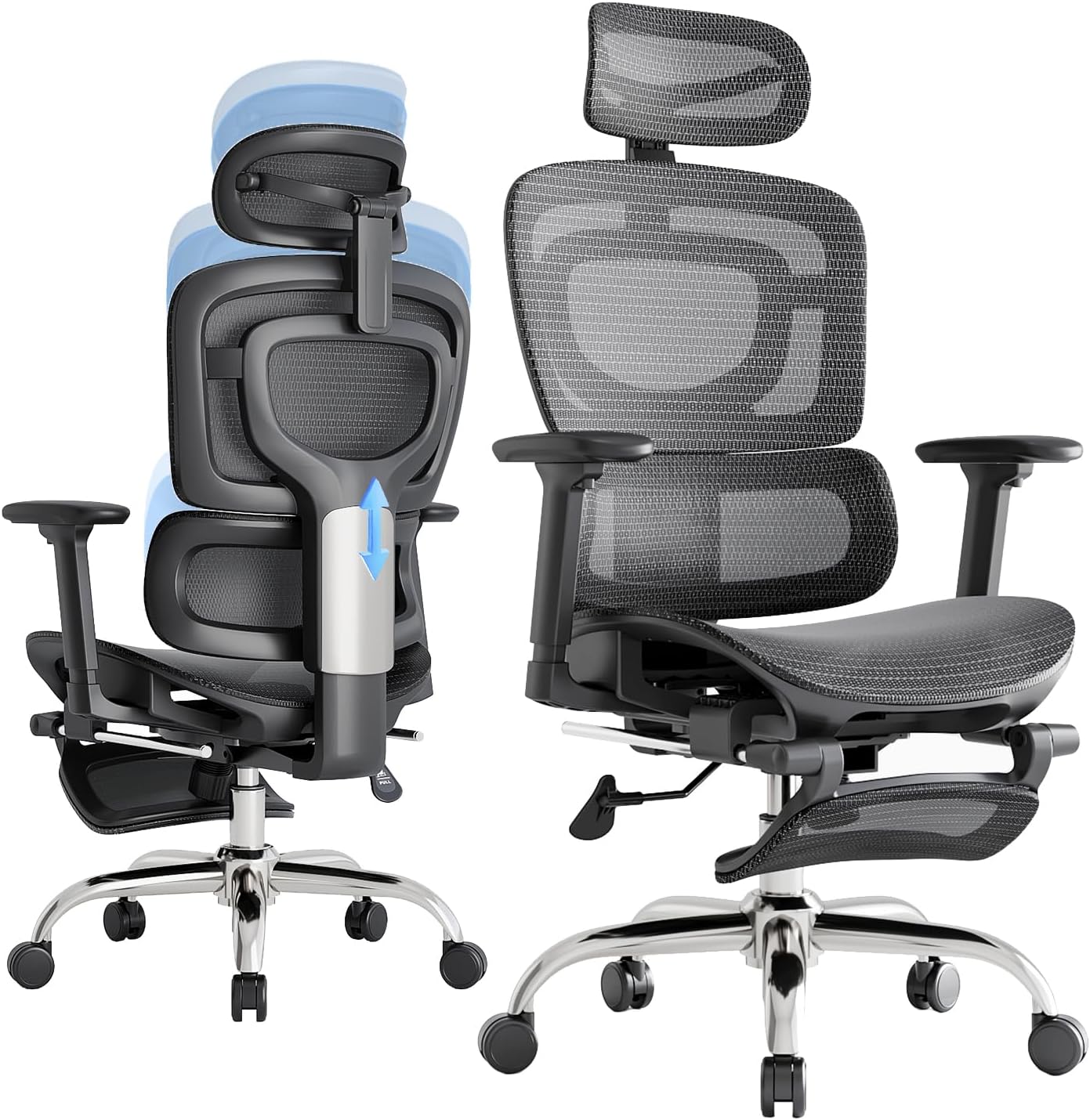 Ergonomic Office Chair, Adaptive Lumbar Support, SGS Class 4 Gas Clylinder 400 LBS Capacity，3D Headrest & Armrest and Retractable Footrest, Mesh Breathable Desk Chair