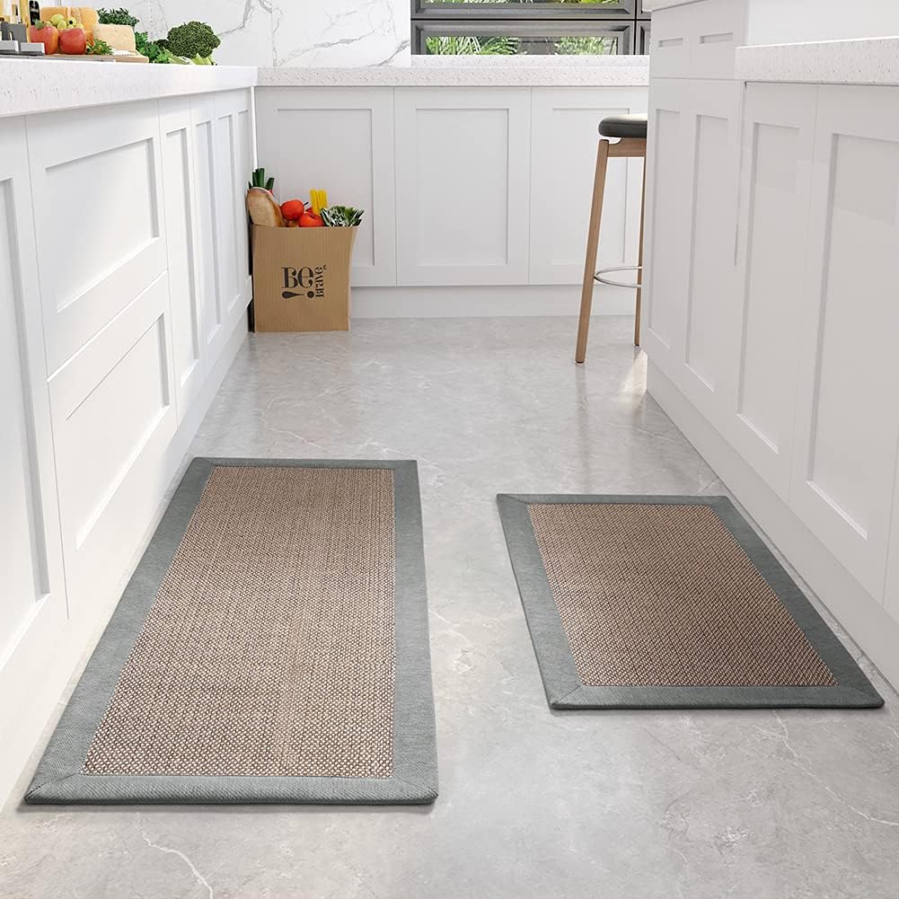 Kitchen Rugs and Mats 2PCS Non Skid Kitchen Mats for Floor Washable Kitchen Runner Rugs for Kitchen Front of Sink Grey 20″x32″+20″x47″