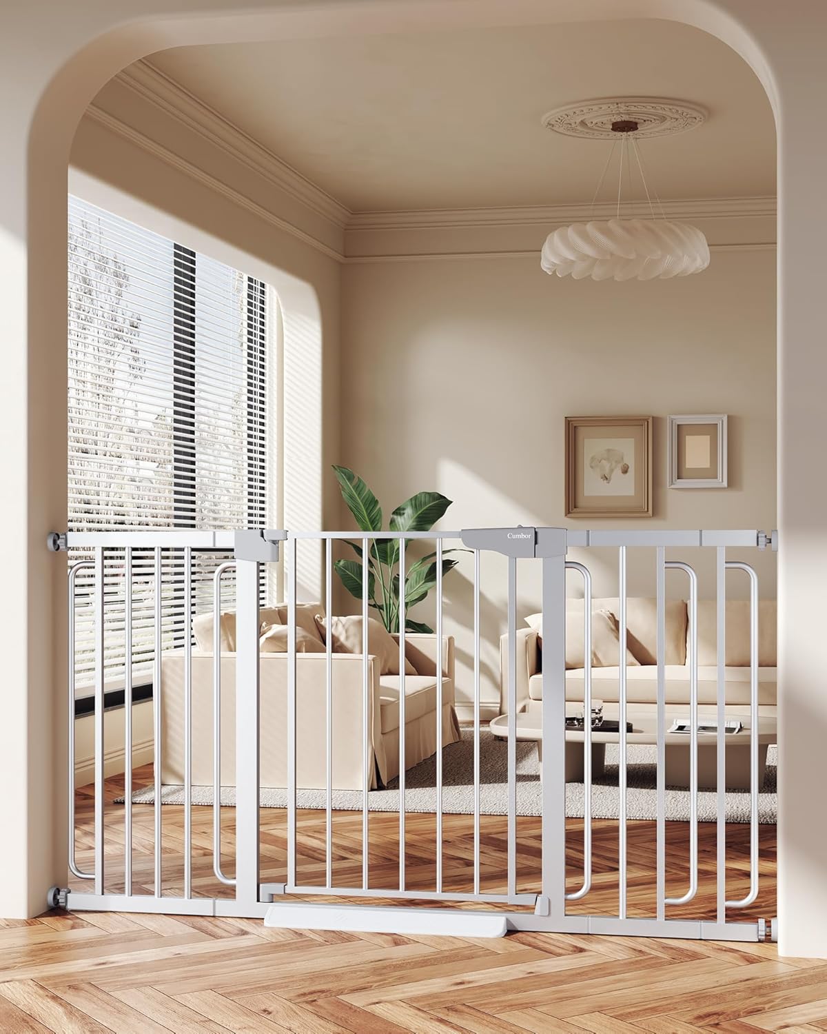 Cumbor 29.7-57″ Extra Wide Baby Gate for Stairs, Mom’s Choice Awards Winner-Dog Gate for Doorways, Pressure Mounted Walk Through Safety Child Gate for Kids Toddler, Tall Pet Puppy Fence Gate, Silver