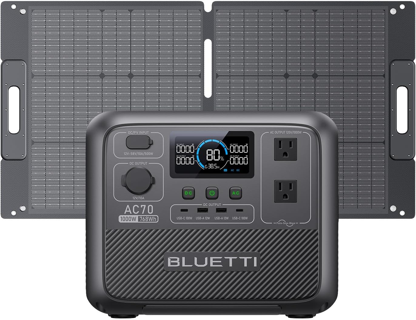 BLUETTI Portable Power Station AC70 with 100W Solar Panel Included, 768Wh Solar Generator with 2 1000W AC Outlets, 0-80% in 45 Min, LiFePO4 Power for Camping