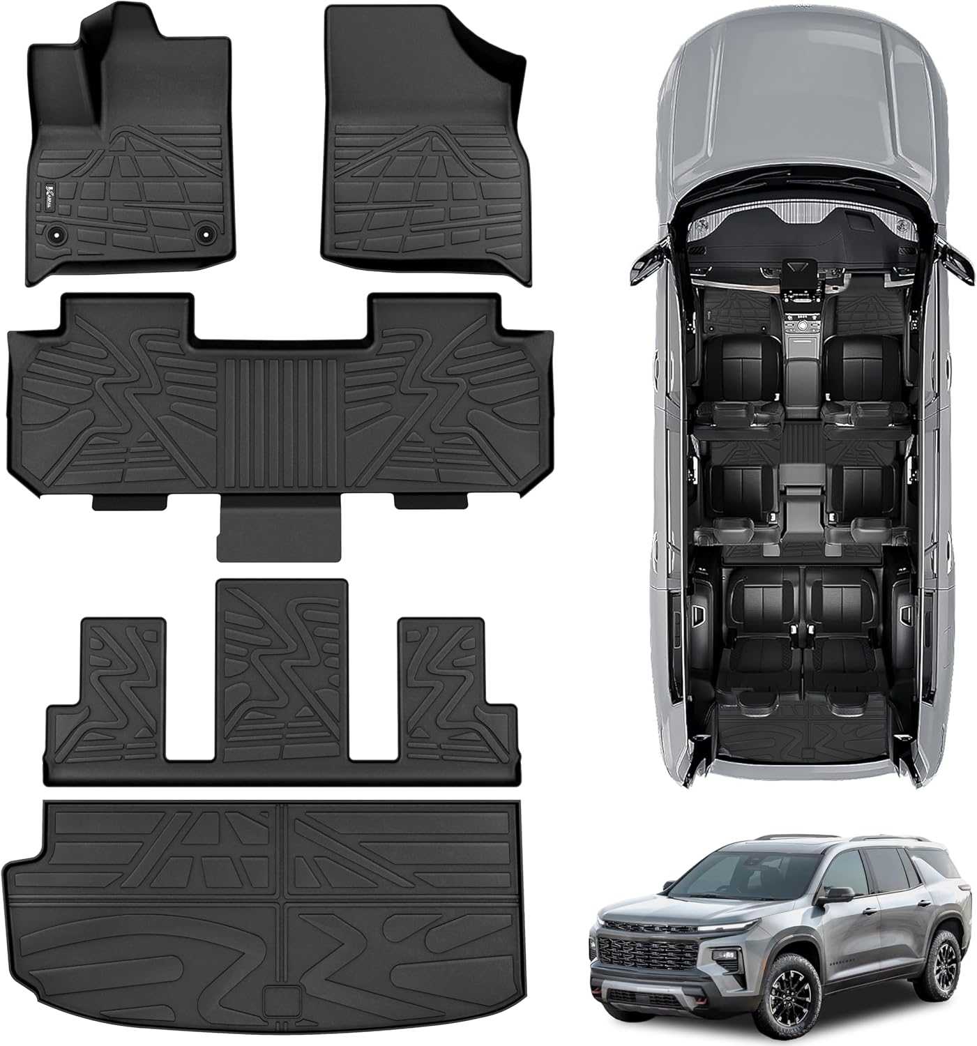 KARPAL Floor Mats Fit for 2018-2024 Chevrolet Traverse 7 Seats with 2nd Row Bucket Seats, TPE Rubber All-Weather Protection Heavy Duty Cargo Liner Guard Accessories Anti-Slip Floor Liners
