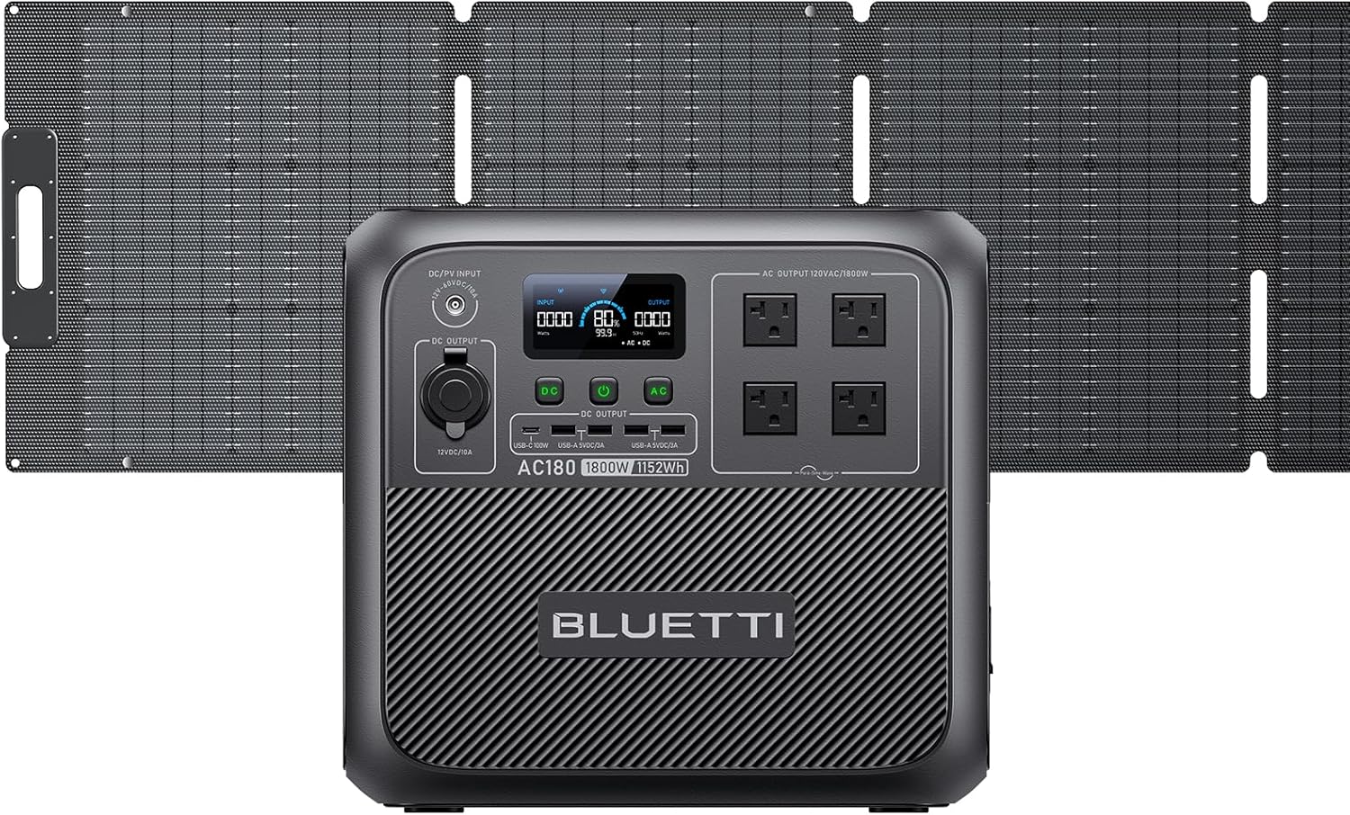 BLUETTI Solar Generator AC180 with 200W Solar Panel Included, 1152Wh Portable Power Station w/ 4 1800W (2700W Surge) AC Outlets, LiFePO4 Emergency Power for Camping, Off-grid, Power Outage