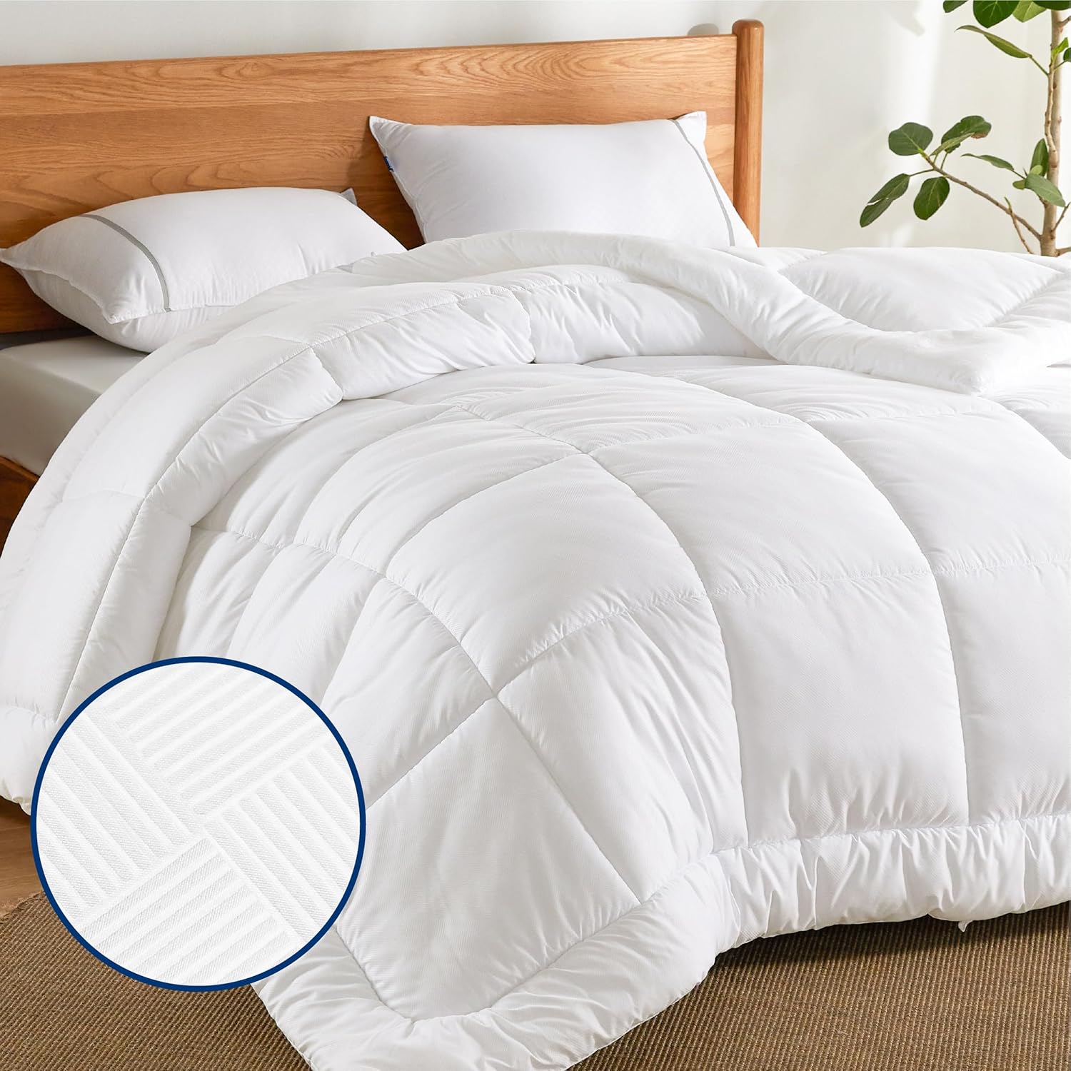 Bedsure Comforter Duvet Insert – Quilted Comforters Twin Size, All Season Duvet, Down Alternative Bedding Comforter with Tabs(Ivory Stripe Square,Twin 88″x68″)