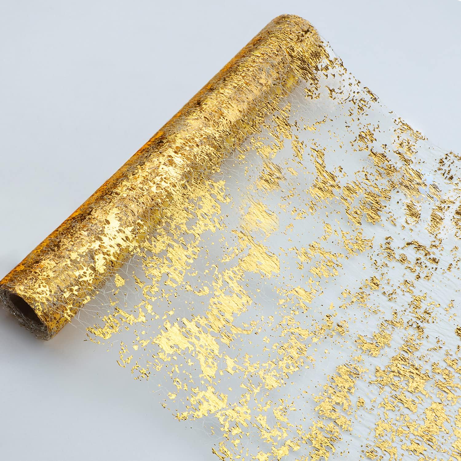Snowkingdom Glitter Metallic Gold Table Runner 11 Inch x 100 Feet Thin Mesh Sparkle Table Runner Roll Table Decorations for Wedding Bridal Shower, Baby Shower, Birthday Party （1PC）