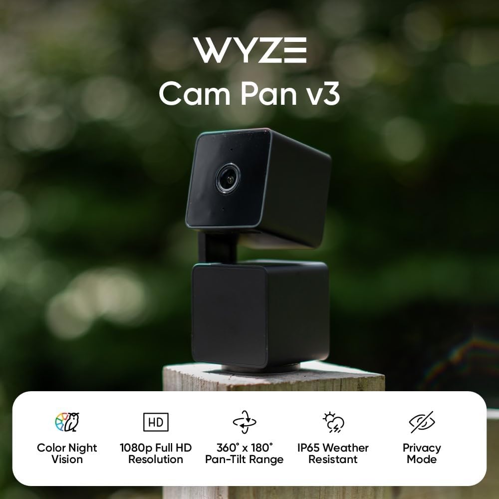 WYZE Cam Pan v3 Indoor/Outdoor IP65 1080P 360° Pan/Tilt/Zoom Wi-Fi Smart Home Security Camera with Motion Tracking for Baby & Pet, Color Night Vision, Works with Alexa & Google Assistant, Black