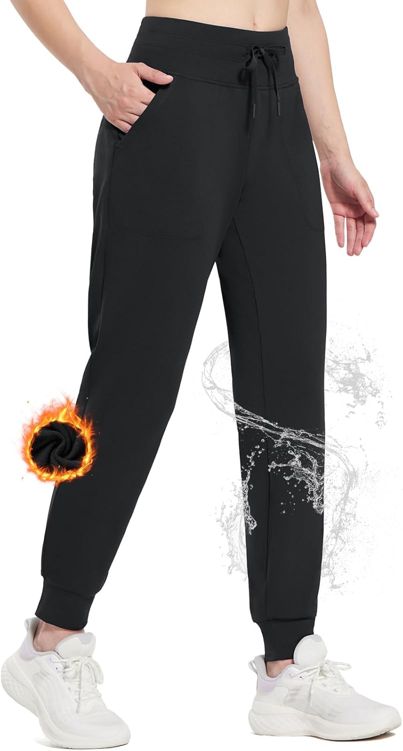 BALEAF Women’s Fleece Lined Pants Joggers Water-Resistant Zipper Pocket Thermal Sweatpants Winter Running Hiking Jogging
