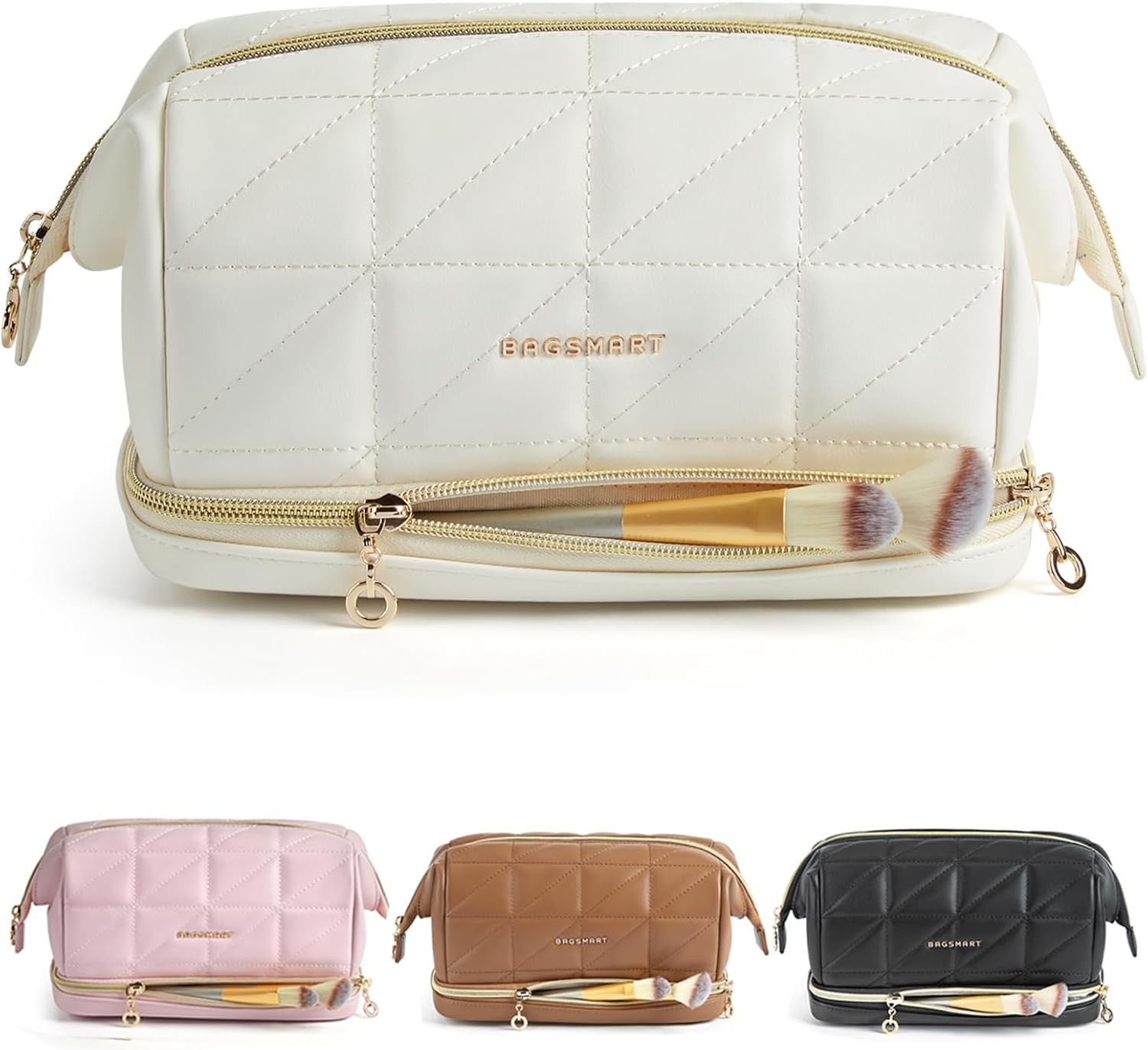 BAGSMART Travel Makeup Bag, PU Leather Waterproof Cosmetic Bags Makeup Bags for Women, Large Capacity Make up Bag, Wide-open Makeup Pouch for Travel Essentials, Bottles, Brushes (Beige)