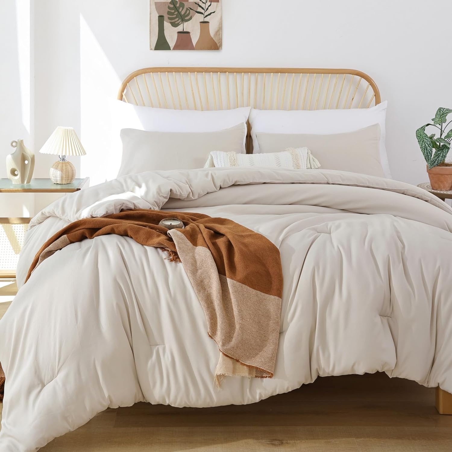 ROSGONIA Comforter Full Size for Girls Boys Teens Beige, 3pcs (1 Boho Comforter & 2 Pillowcases), Lightweight Dorm Bedding Soft All Season Bed Set