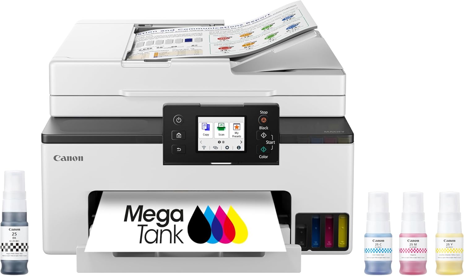 Canon Megatank GX2020 All-in-One Wireless Supertank [Megatank] Printer | Print, Copy and Scan| Mobile Printing |2.7″ LCD Color Touchscreen | Auto Document Feeder and Auto Duplex Printing
