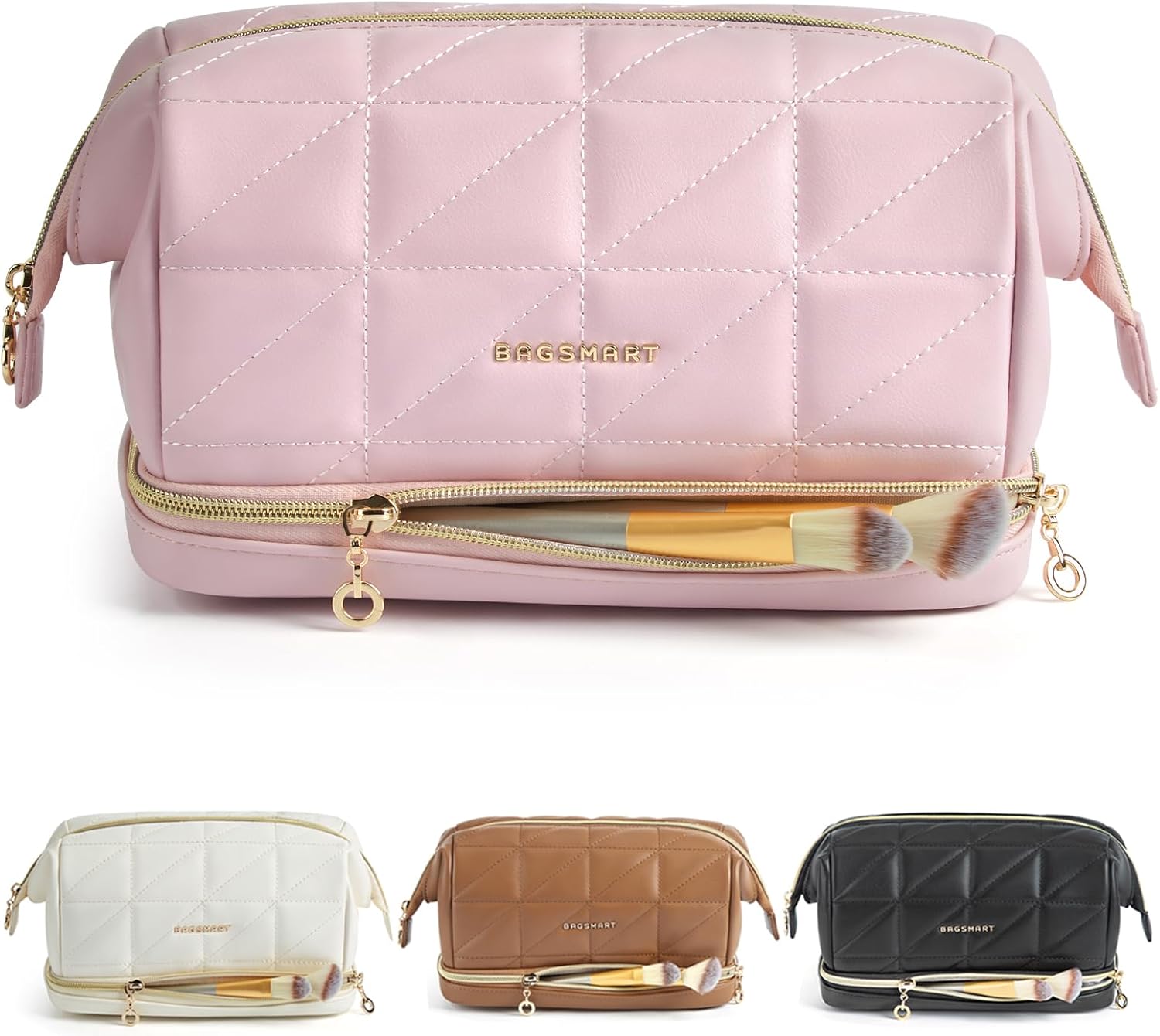 BAGSMART Travel Makeup Bag, PU Leather Makeup Bag Organizer, Large Capacity Make up Bag, Cosmetic Bags for Women, Wide-open Makeup Pouch for Travel Essentials, Bottles, Brushes (Pink)