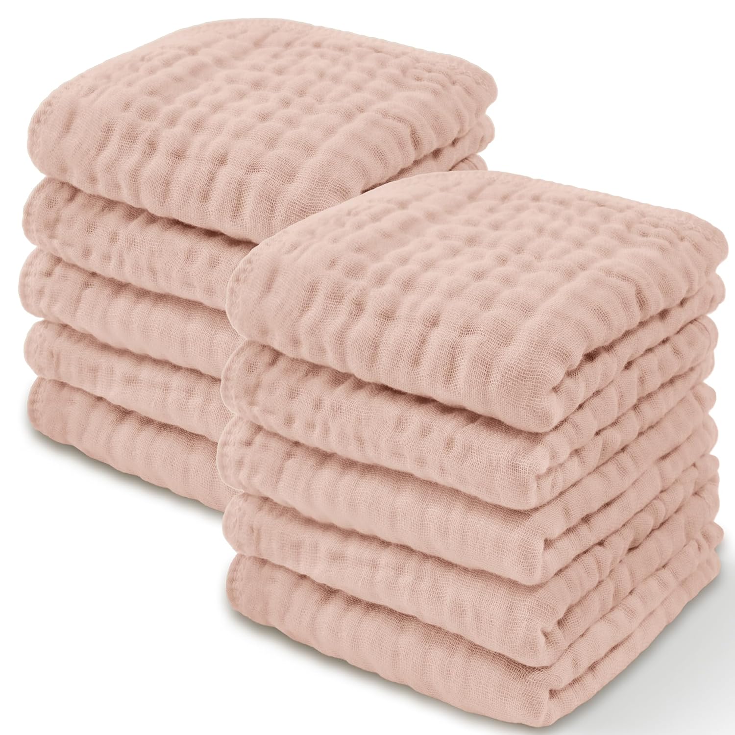 Baby Washcloths, Muslin Cotton Baby Towels 10 Pack -Large 10”x10” Wash Cloths Soft on Sensitive Skin, Absorbent for Boys & Girls, Newborn Baby & Toddlers Bibs & Burp Cloths Essentials Set, Blush