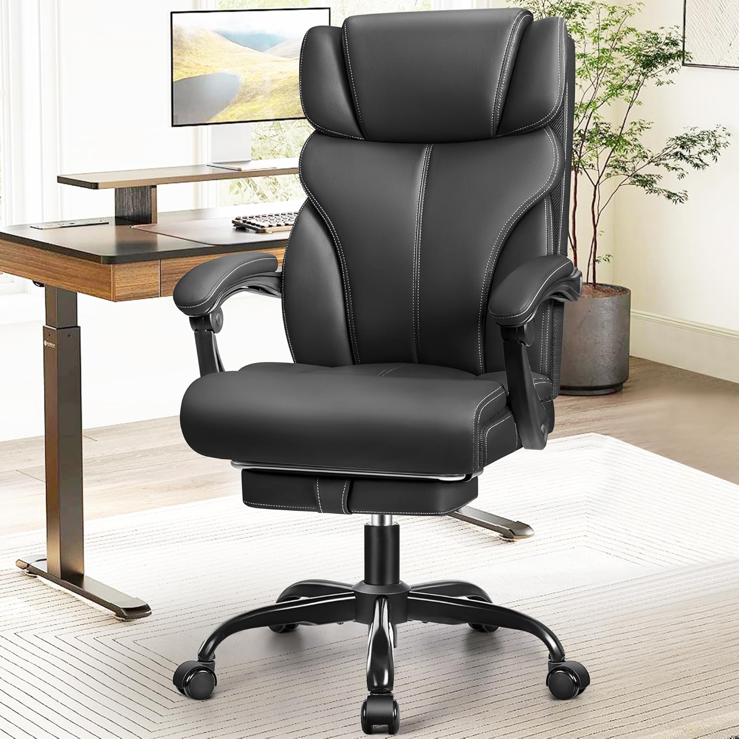 Office Chair, Executive Leather Chair Big and Tall Ergonomic Computer Desk Chair, Comfy Swivel Rolling Reclining Lumbar Support Task Chair with Adjustable High Back Foot Rest for Home Gaming
