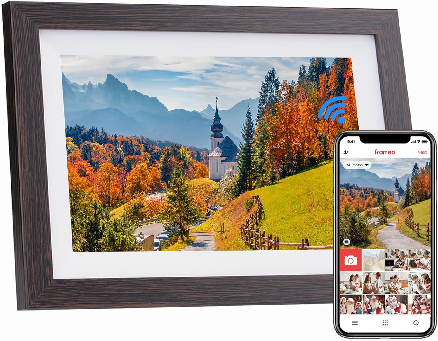 32GB Frameo Digital Picture Frame, 10.1 Inch WiFi Digital Photo Frame, 1280×800 IPS Touch Screen, Send Photos/Videos via Free App from Anywhere(Brown)