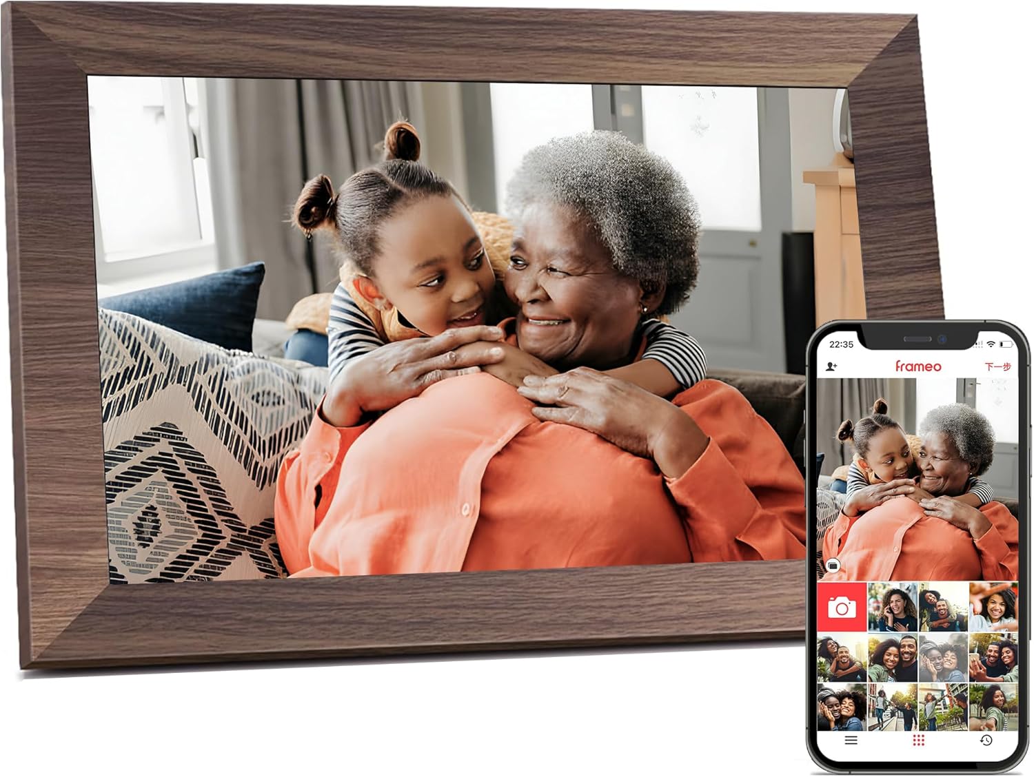 Digital Picture Frame, Frameo WiFi 10.1 Inch 1280 * 800IPS Touch Screen Digital Photo Frame, 16GB Memory, Auto-Rotate, Share Videos Pictures, Birthday Gift for Friend, Family, Wood Color Plastic Frame