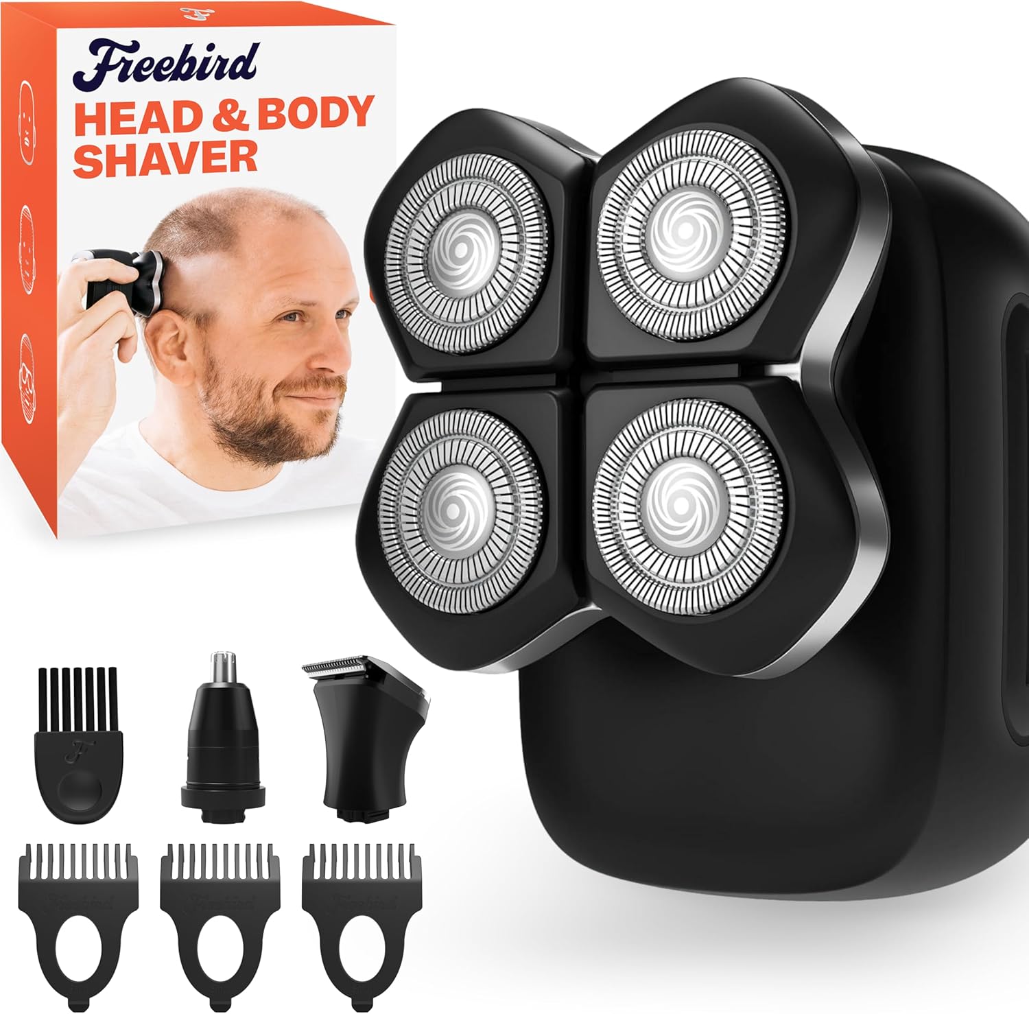 Freebird FlexSeries Pro Electric Head Shaver – Fast Smooth Head Shaver, Wet/Dry Shaving, Anti-Pinch, Rotary Electric Razor, USB Rechargeable, Cordless, 4 Flexible Blades, Ideal Gifts for Bald Men