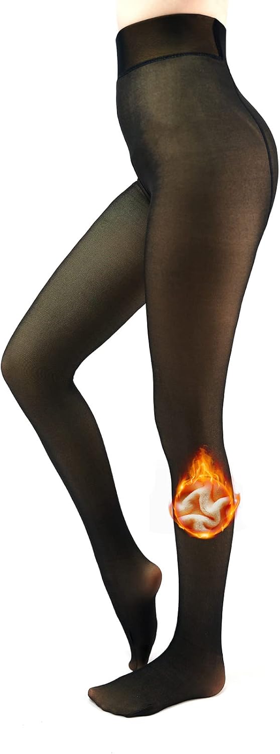 Fleece Lined Tights Sheer Women – Fake Translucent Warm Pantyhose Leggings Sheer Thick Tights for Winter