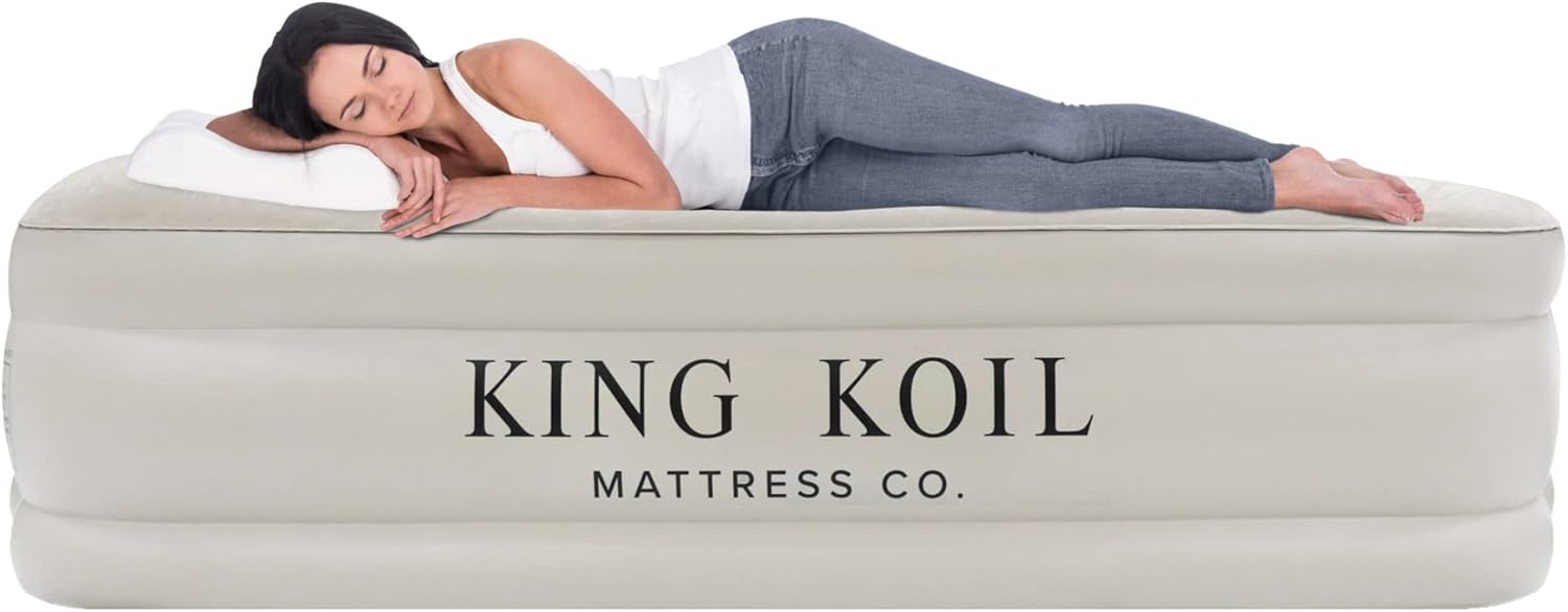 King Koil Luxury California King Air Mattress with Built-in Pump for Home, Camping & Guests – 20” King Size Inflatable Airbed Luxury Double High Adjustable Blow Up Mattress, Durable Waterproof