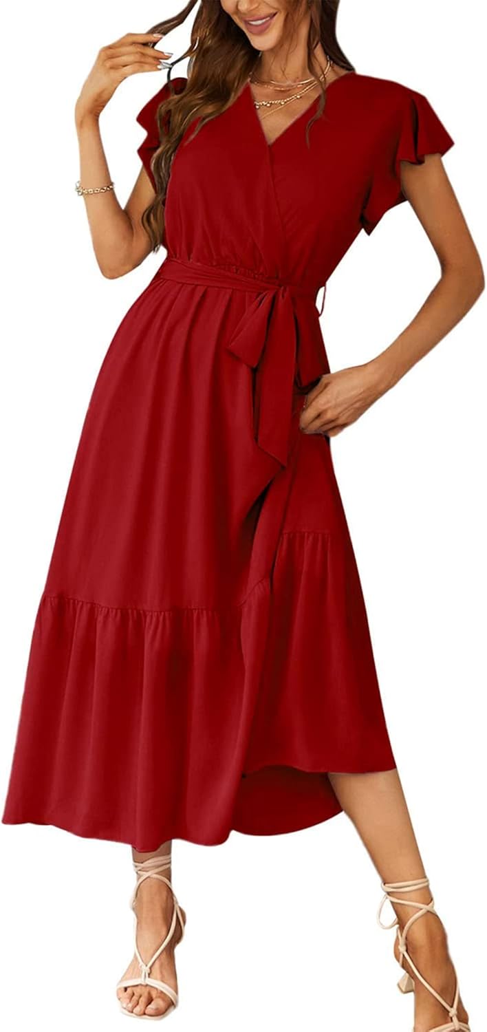 PRETTYGARDEN Women’s Summer Floral Boho Dress Wrap V Neck Short Sleeve Ruffle A-Line Flowy Maxi Wedding Guest Dresses