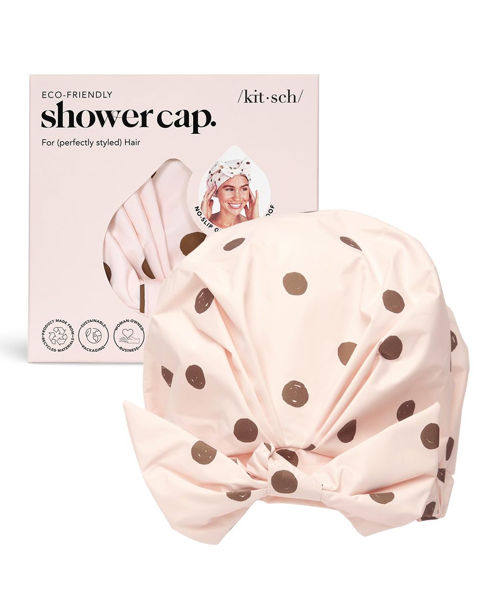 Kitsch Luxury Shower Cap for Women – Reusable Shower Cap for Long Hair with Non Slip Silicon Grip | Waterproof Hair Cap for Shower with One Size Fits Most | Stylish Hair Cover for Shower (Blush Dot)
