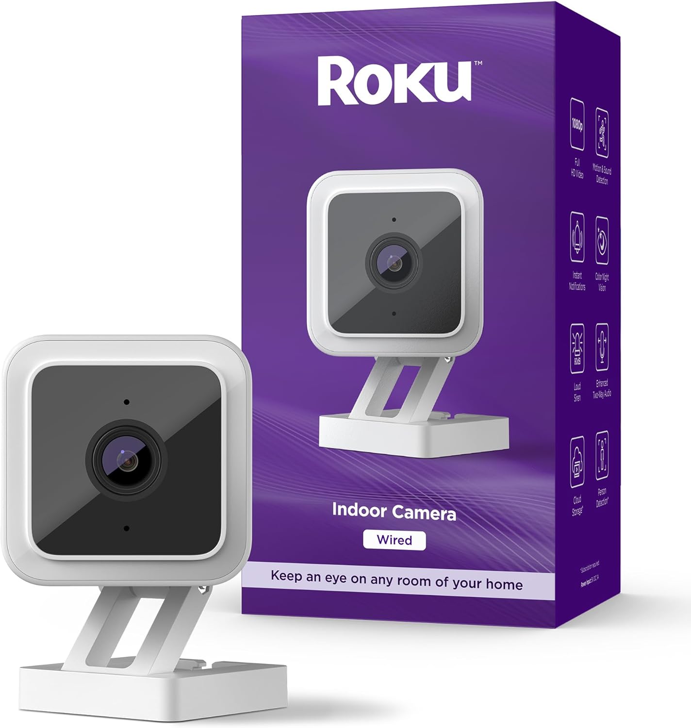 Roku Indoor Camera for Home Security, 1-Pack – Wired Security Camera with 1080p HD Color Night Vision, Works with Alexa & Google, Motion & Sound Detection, Built-in Siren, 90-Day Subscription Included