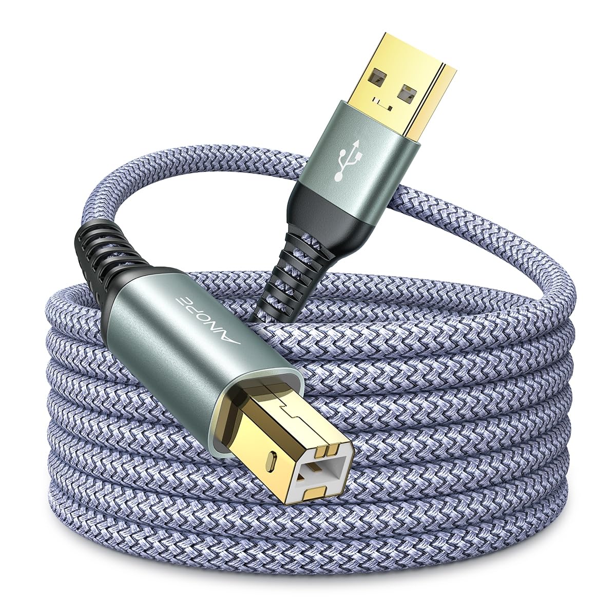 AINOPE Printer Cable 10ft, USB A to USB B Cable USB 2.0 MIDI Cable【High Speed】 Nylon Braided USB Printer Cable Scanner Printer Cord to Computer for HP Canon Brother Dell Epson Lexmark DAC, Grey