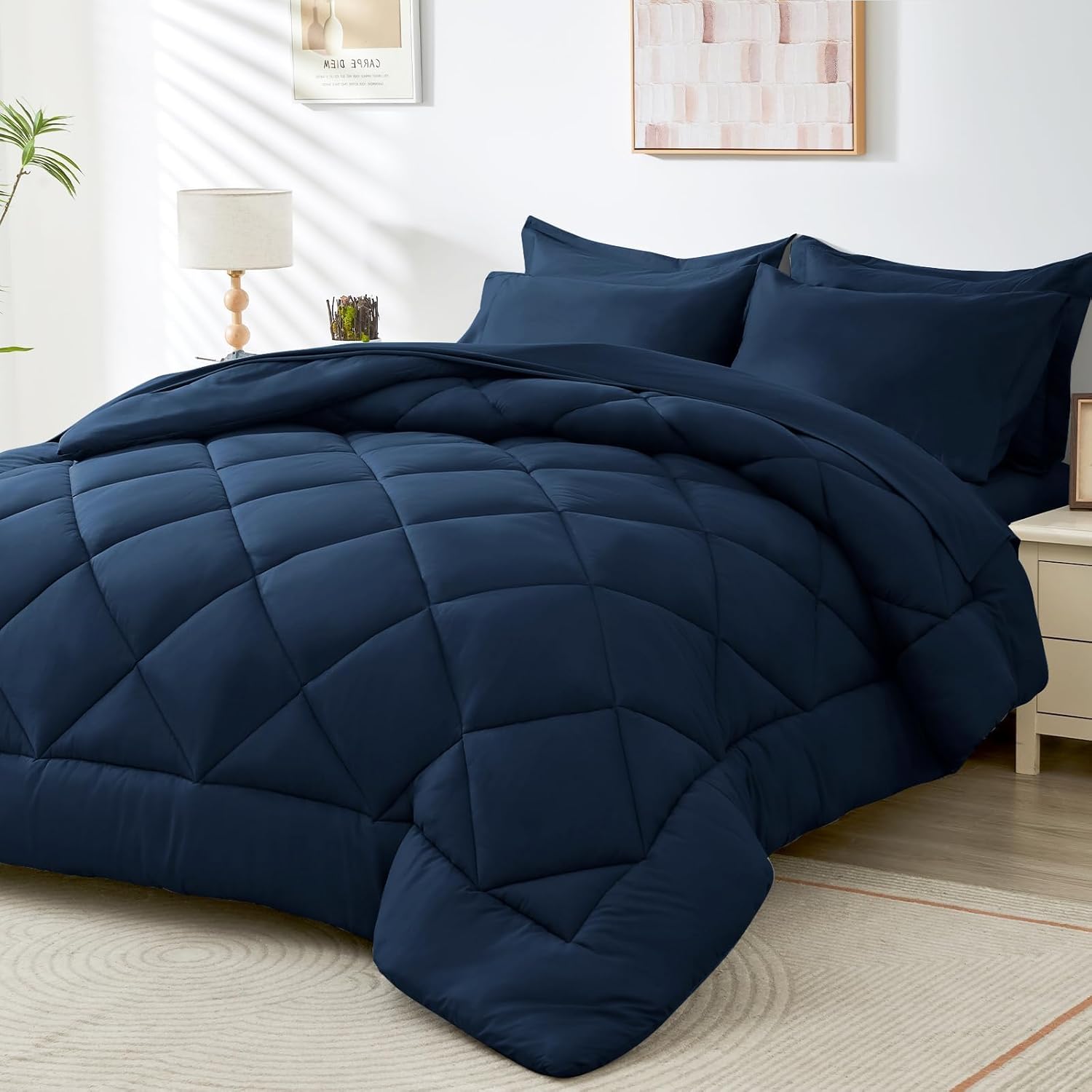 HEVUMYI Queen Comforter Set – 7-Piece All Season Bed in a Bag Queen, Ultra Soft Bedding Set with Comforter, Flat Sheet, Fitted Sheet, Pillowcases, Pillow Shams, Navy Blue