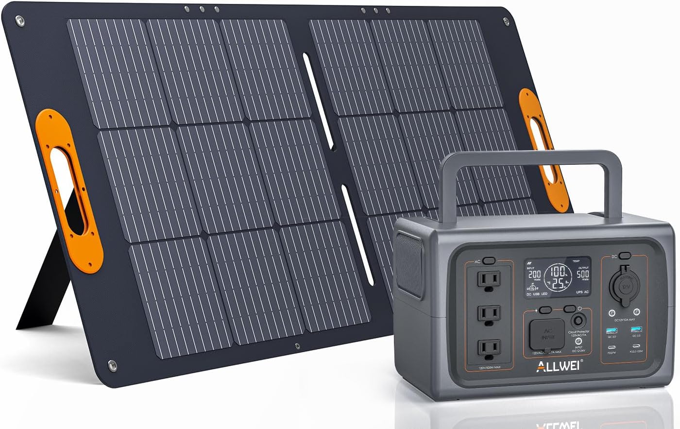 ALLWEI 500W Solar Generator with 100W Solar Panel, 512Wh LiFePO4 Portable Power Station with 3 AC Outlets(1000W Surge), Battery Generator for RVs Outdoor Camping CPAP Home Backup Power Outage