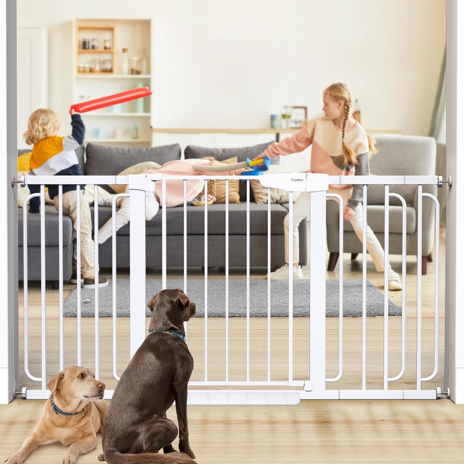 Cumbor 29.7-57″ Extra Wide Baby Gate for Stairs, Mom’s Choice Awards Winner-Dog Gate for Doorways, Pressure Mounted Walk Through Safety Child Gate for Kids Toddler, Tall Pet Puppy Fence Gate, White