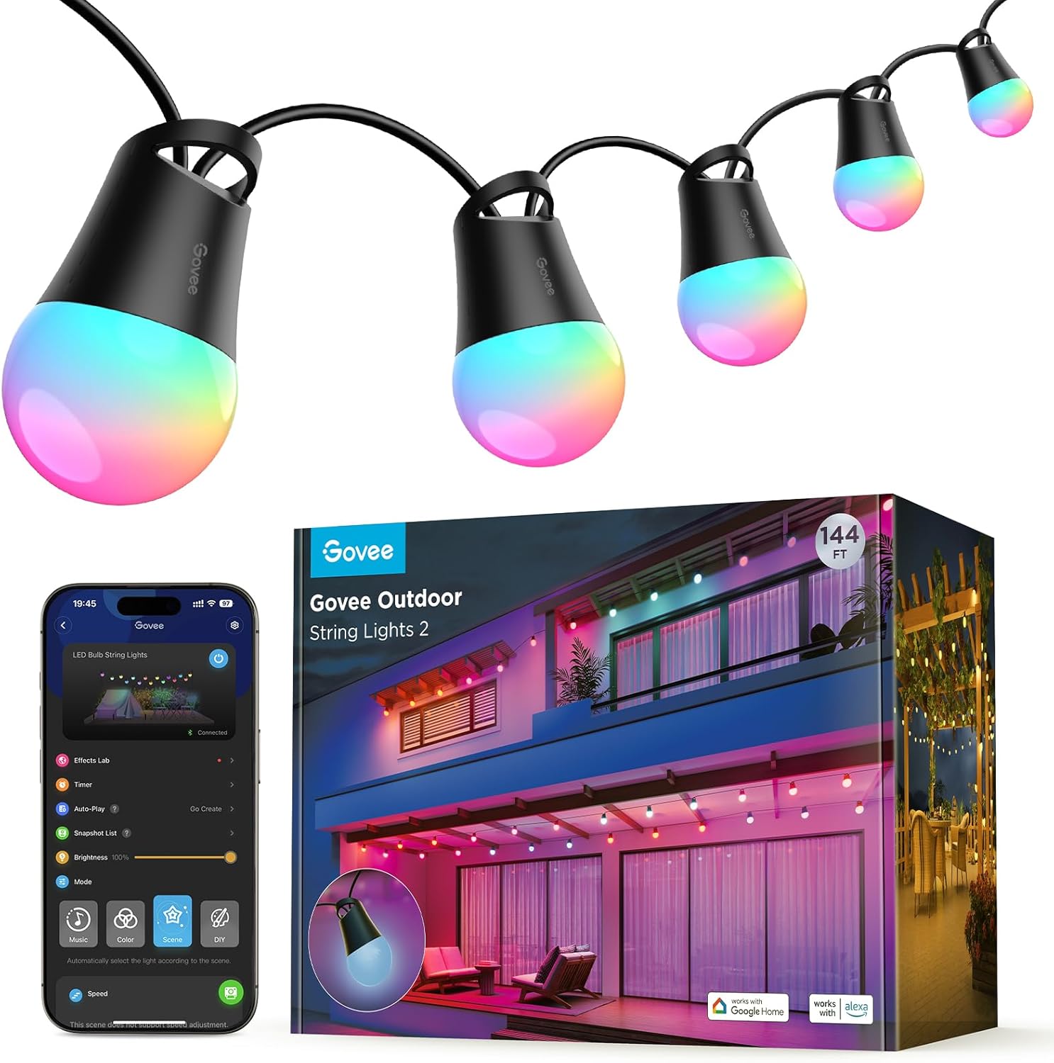 Govee Smart Outdoor String Lights 2, 144ft RGBIC Outdoor Lights with Dimmable Warm White LED Bulbs, 47 Scene Modes for Patio, Backyard, Balcony, IP65 Waterproof, Works with Alexa, Google Assistant